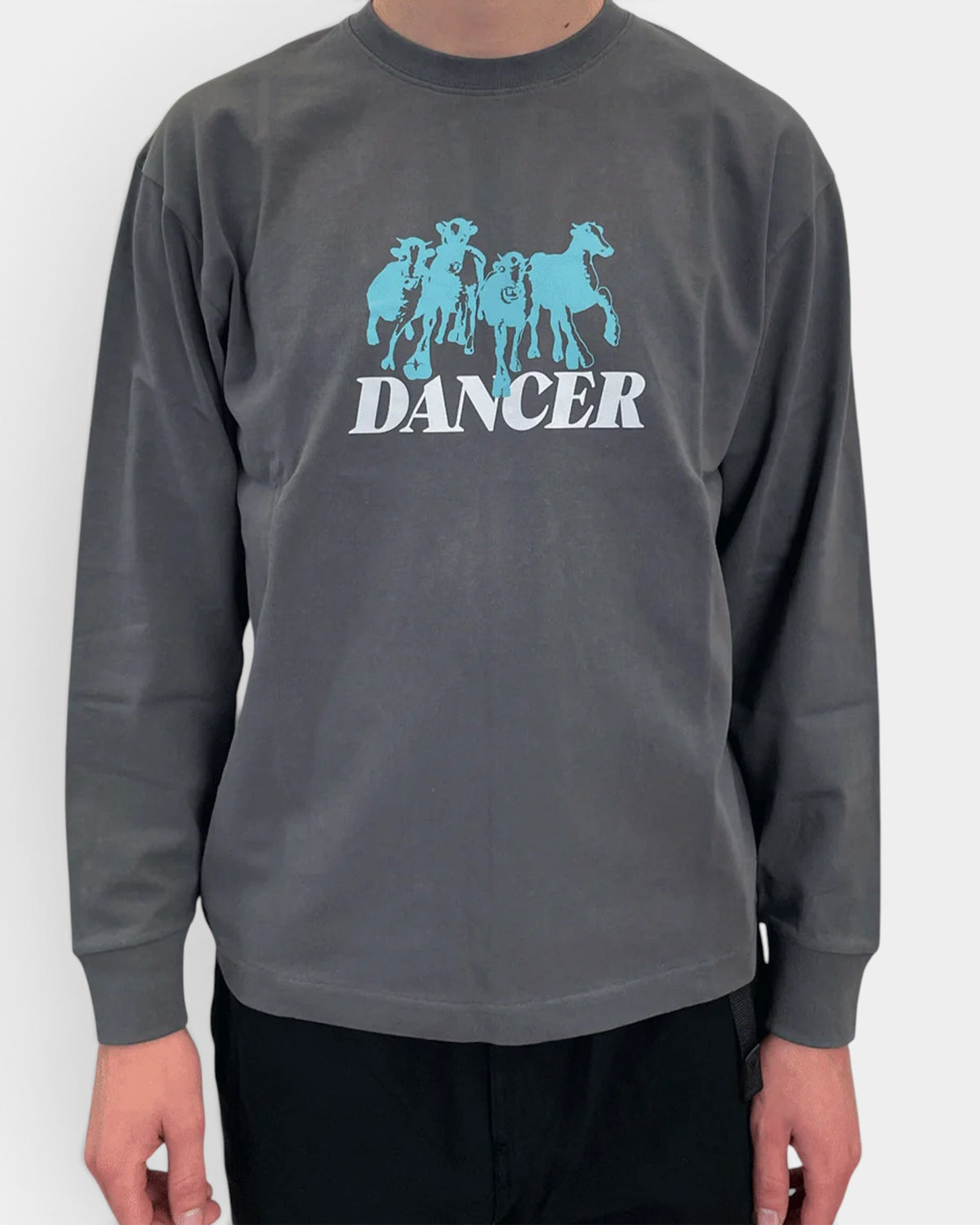 Lockwood Avenue Dancer Step Aside long-sleeve charcoal cotton t-shirt with blue graphic print and boxy fit