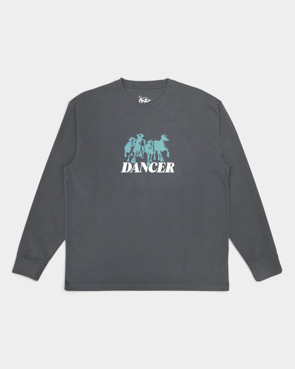 Lockwood Avenue Dancer Step Aside charcoal long-sleeve cotton jersey tee with light blue graphic print