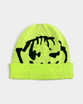 Lockwood Avenue Dancer Mask Beanie in neon green waffle-knit organic cotton with a black graphic and turn-up cuff