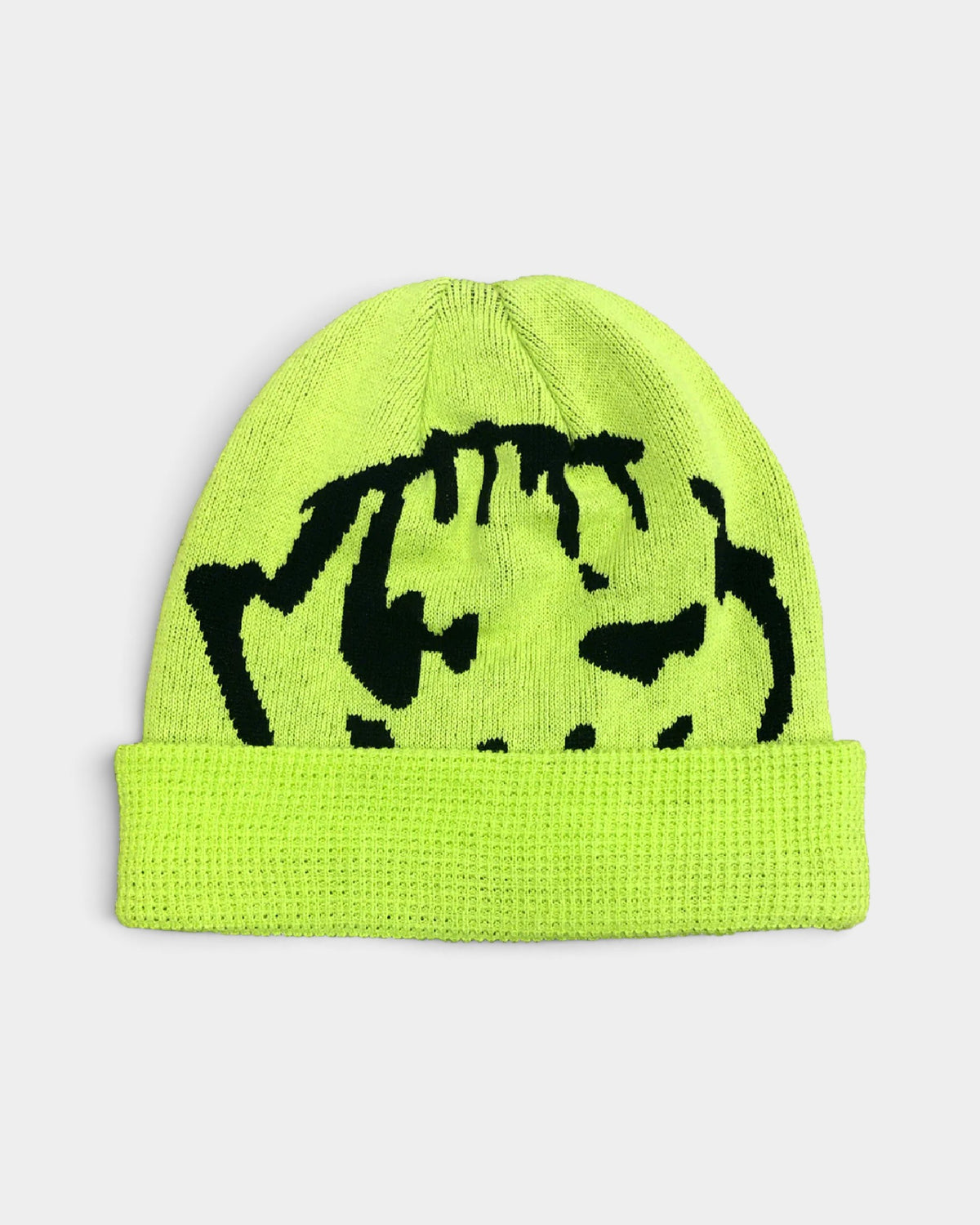 Lockwood Avenue Dancer Mask Beanie in neon green waffle-knit organic cotton with a black graphic and turn-up cuff
