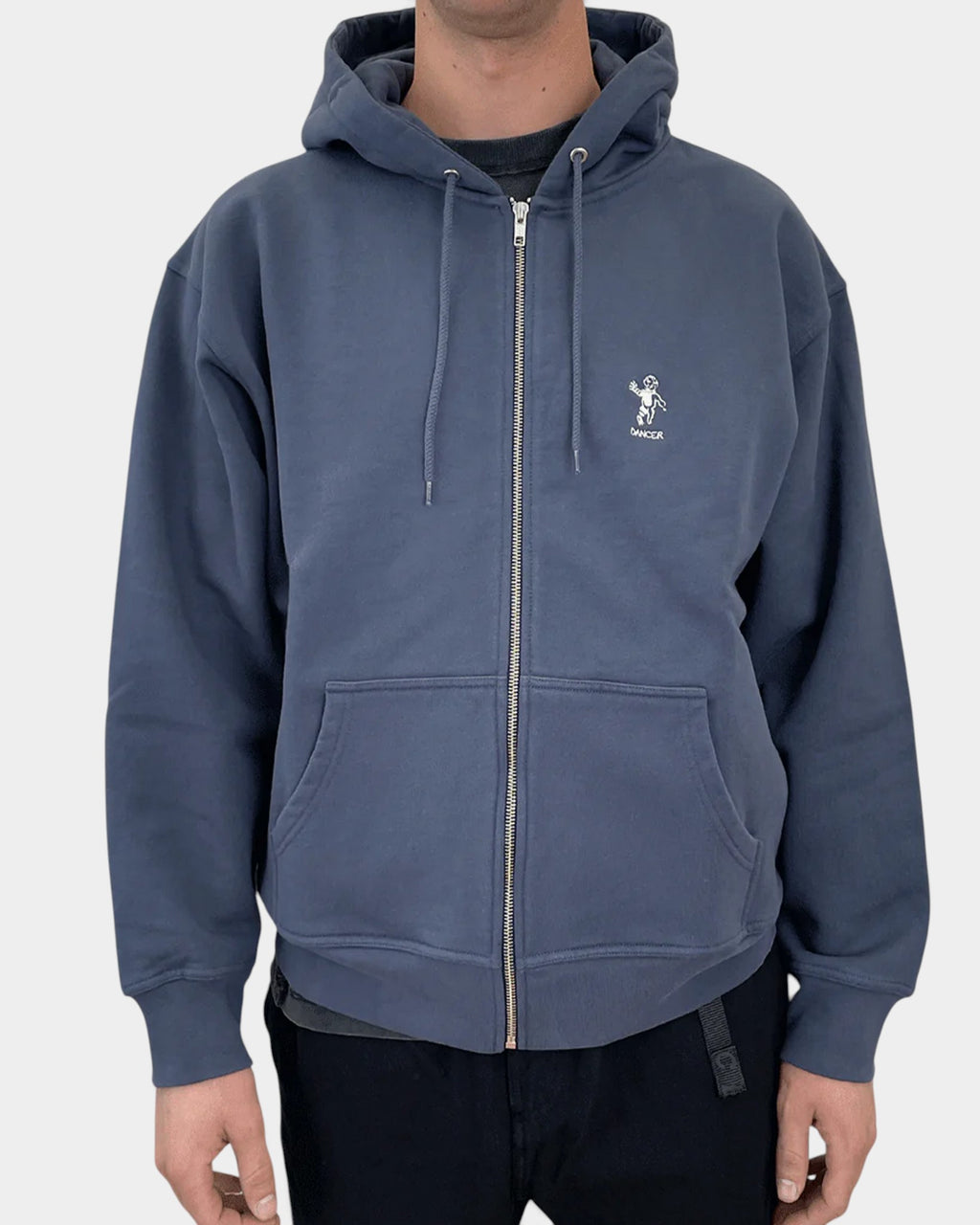 Lockwood Avenue Dancer OG logo zip hoodie in slate blue organic cotton with a front kangaroo pocket and drawstring