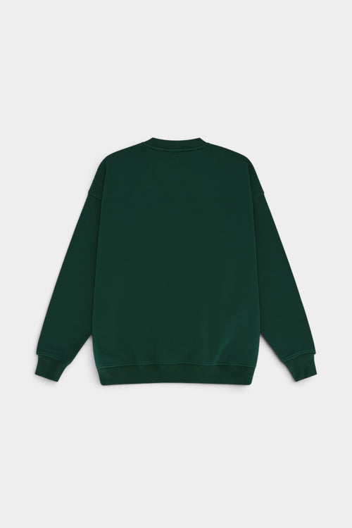 Lockwood Avenue After Midnight heavyweight dark green crewneck sweatshirt, back view, premium streetwear style.