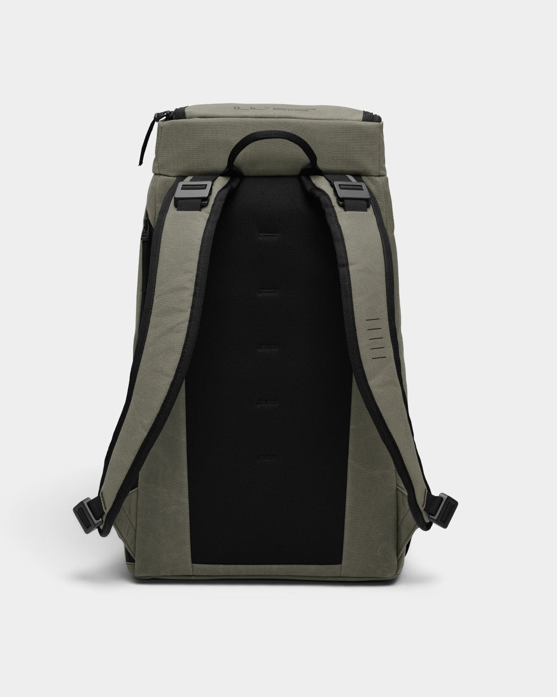 Lockwood Avenue DB Journey Hugger 25L backpack in olive green with black padded shoulder straps and back panel