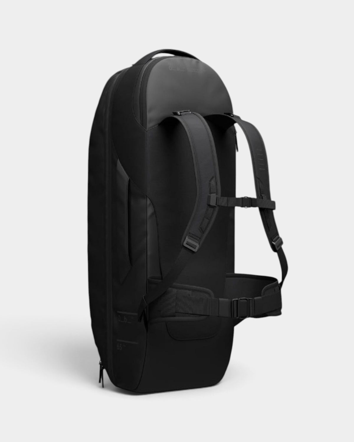 Lockwood Avenue DB Journey 65L black travel backpack with ergonomic straps and side-access skateboard compartment