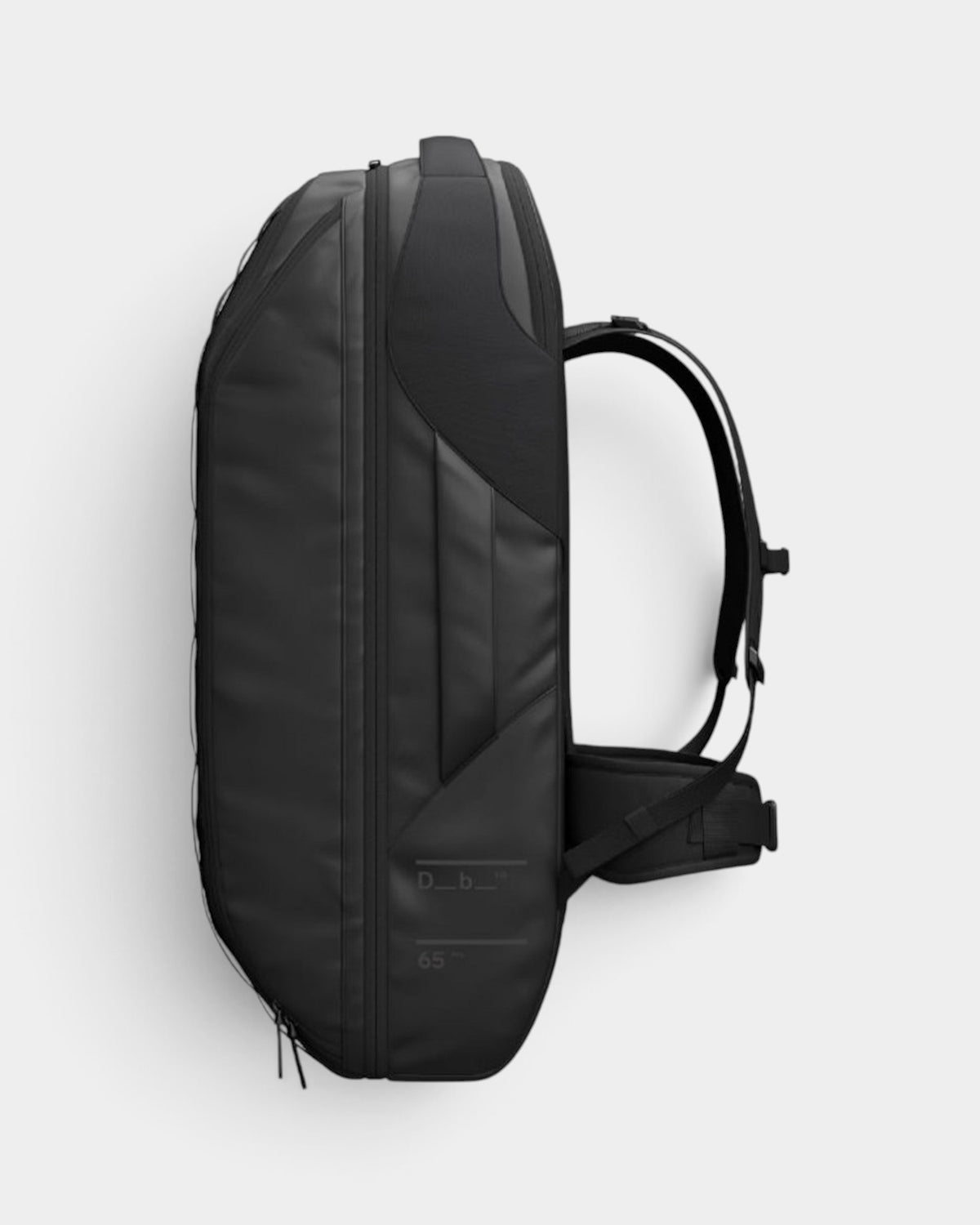 Lockwood Avenue DB Journey 65L black travel duffel backpack with ergonomic straps and side skateboard compartment.