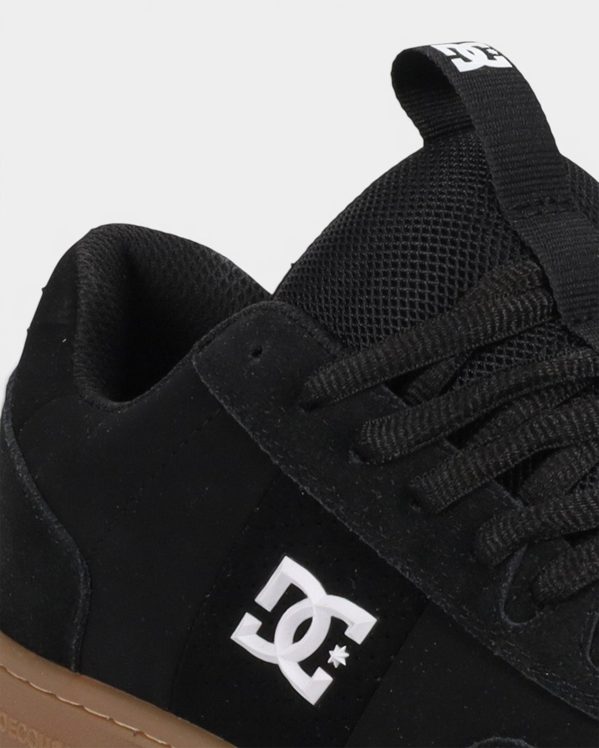 Lockwood Avenue DC Astryx S black suede skate shoe with white logo, padded collar, and gum rubber cupsole