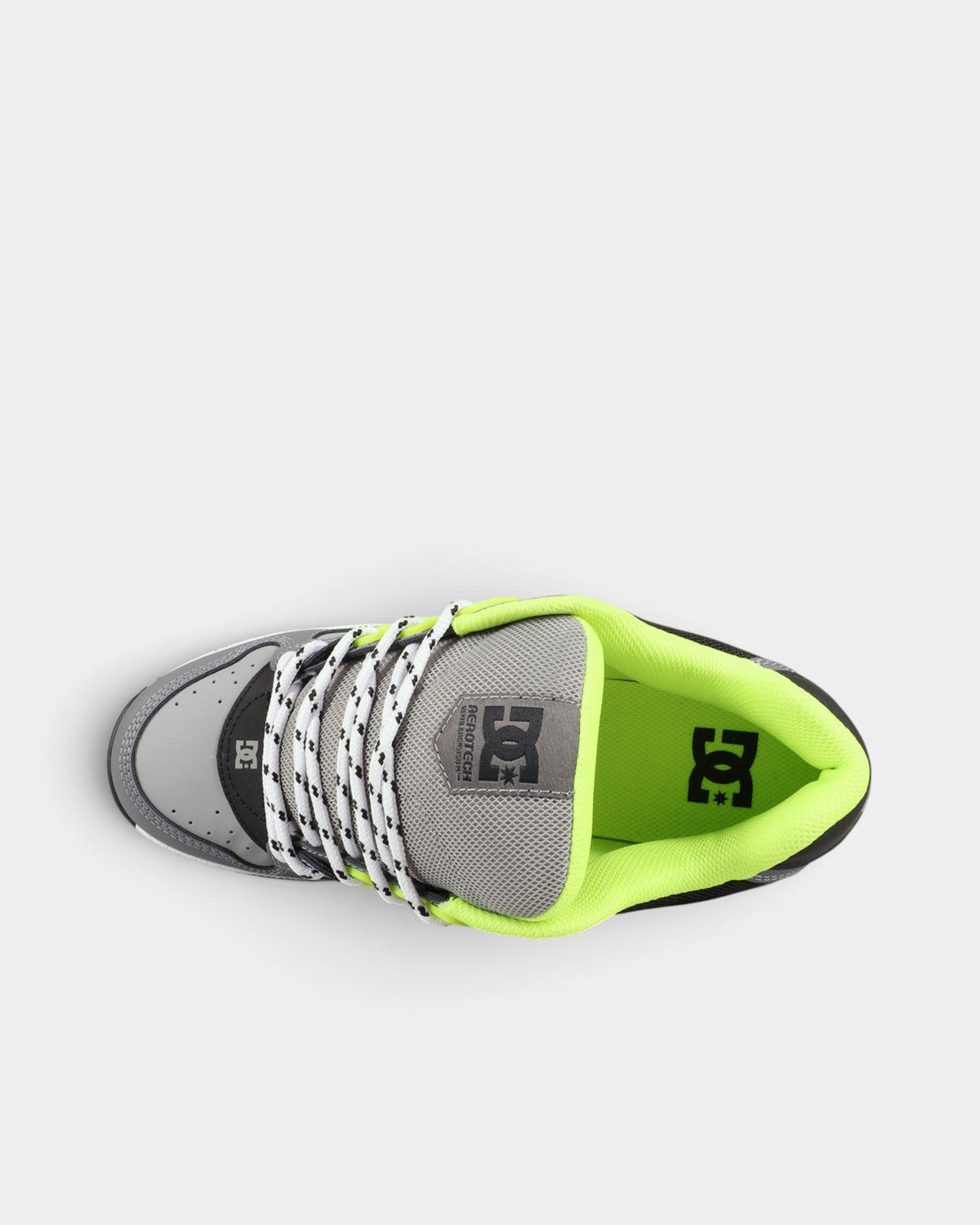Lockwood Avenue DC AT-2 skate shoes in grey and black with lime green lining and breathable mesh details