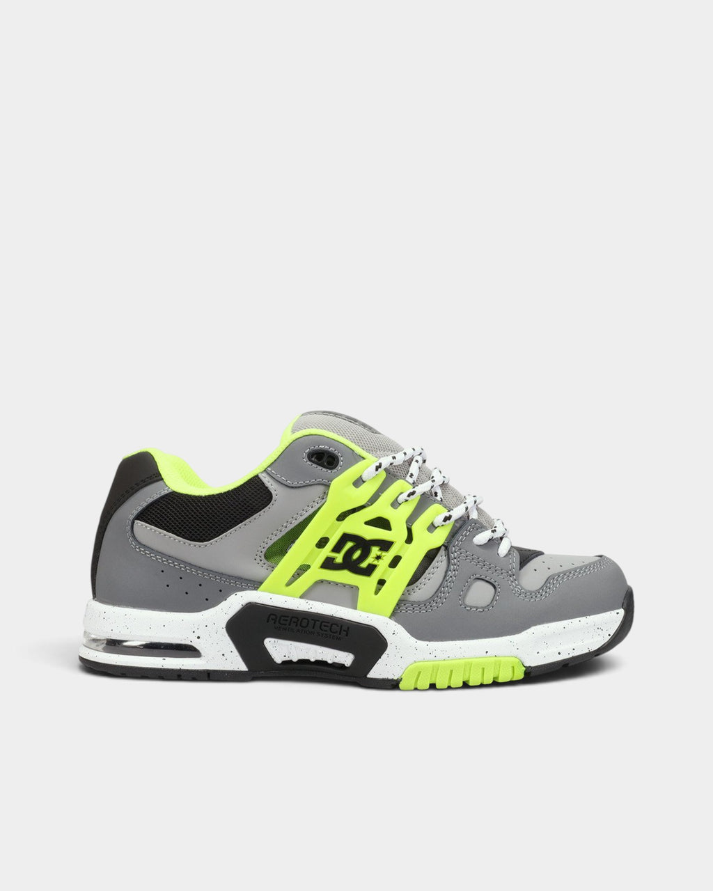 Lockwood Avenue DC AT-2 skate shoes in grey and black with lime green accents, featuring AEROTECH ventilation.