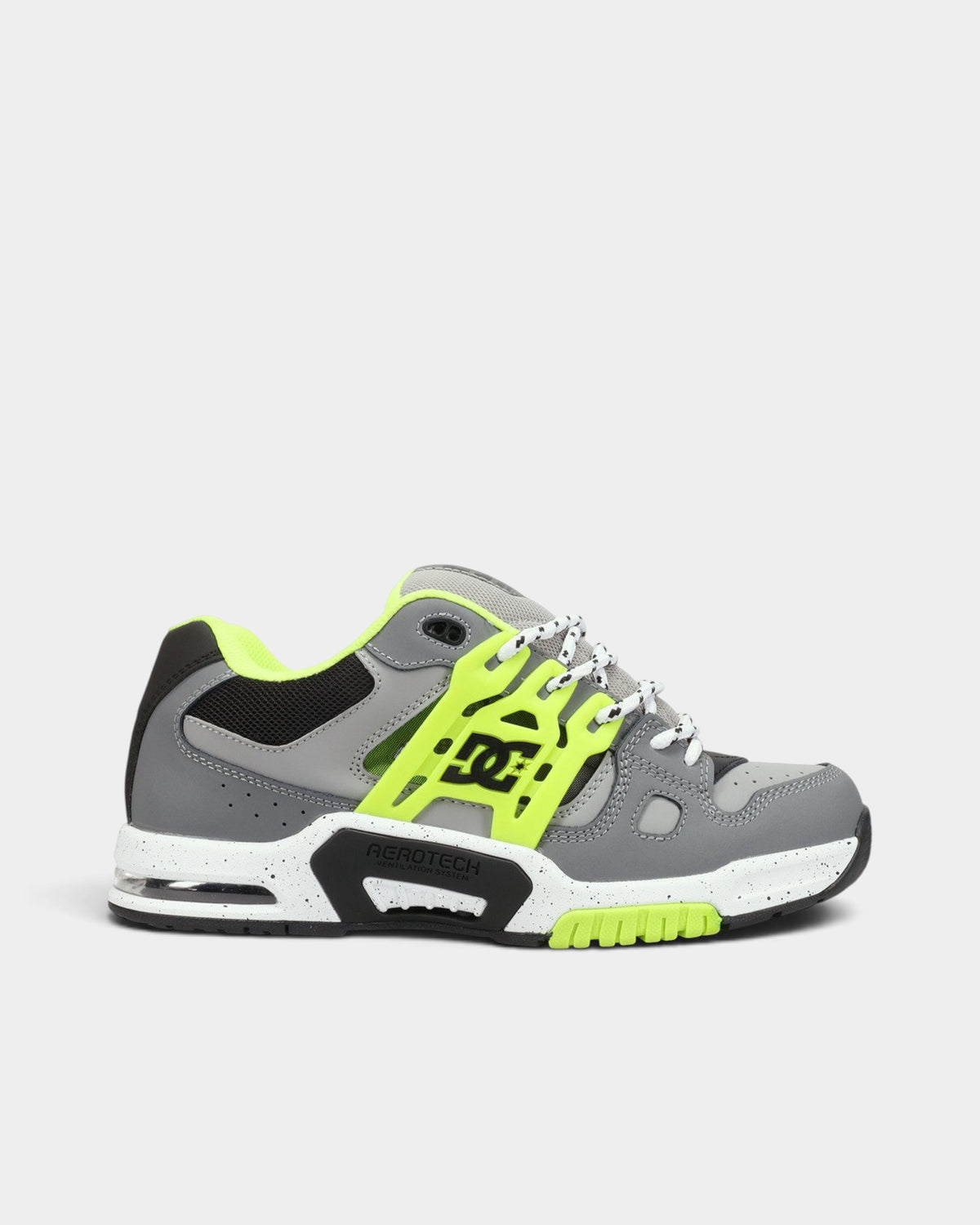 Lockwood Avenue DC AT-2 skate shoes in grey and black with lime green accents, featuring AEROTECH ventilation.