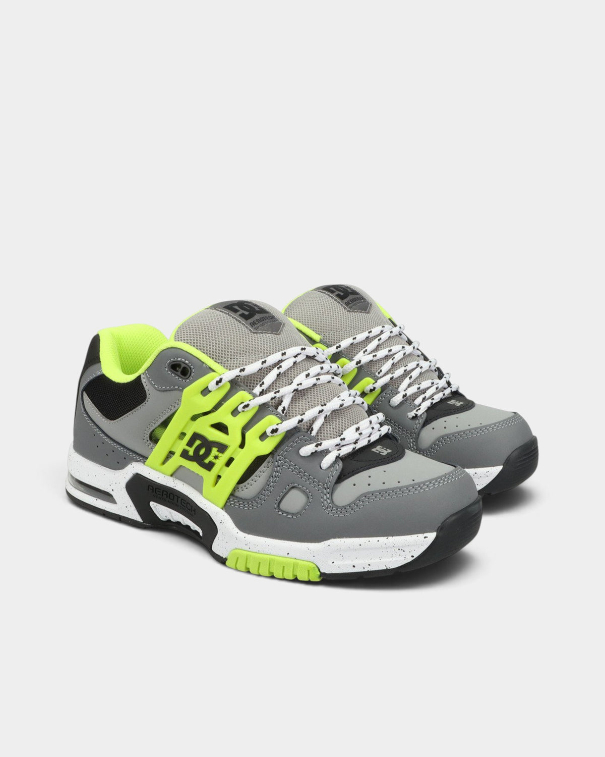 Lockwood Avenue DC AT-2 skate shoes in grey, black, and lime with AEROTECH ventilation and chunky airbag outsoles.