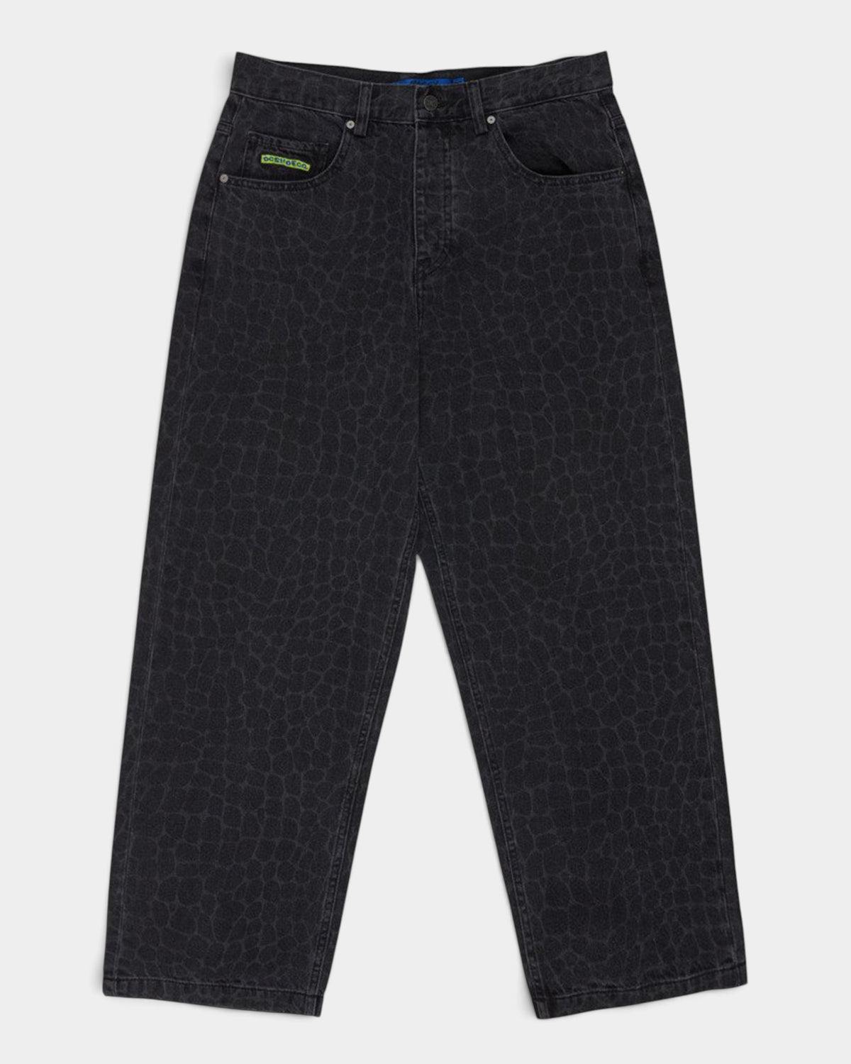 Lockwood Avenue DC baggy denim jeans in black with a subtle snake skin pattern and a small green logo patch.