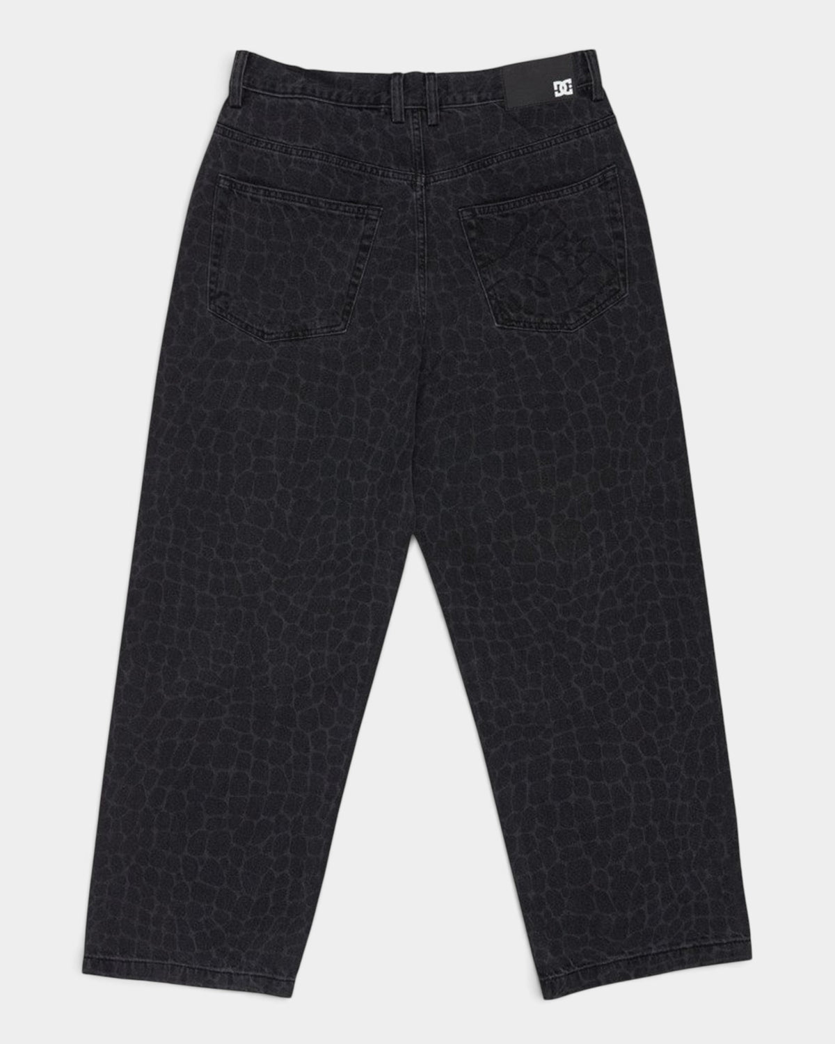 Lockwood Avenue DC baggy denim jeans in black with a subtle snake skin pattern, back view showing pockets and logo.