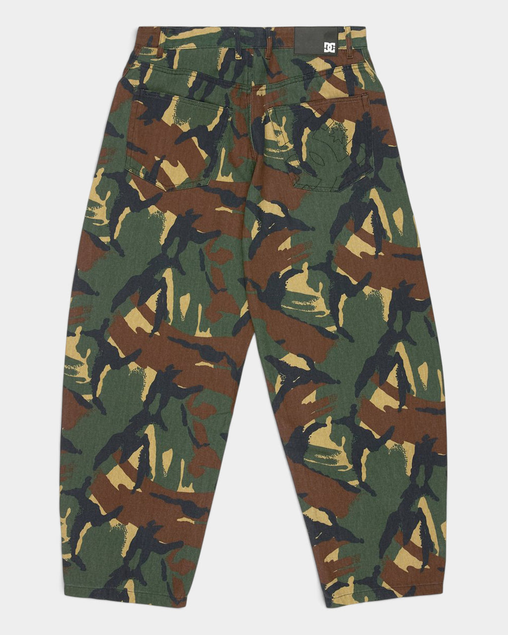 Lockwood Avenue DC Barrel canvas pants in a green, brown, and black camouflage print with back pockets.