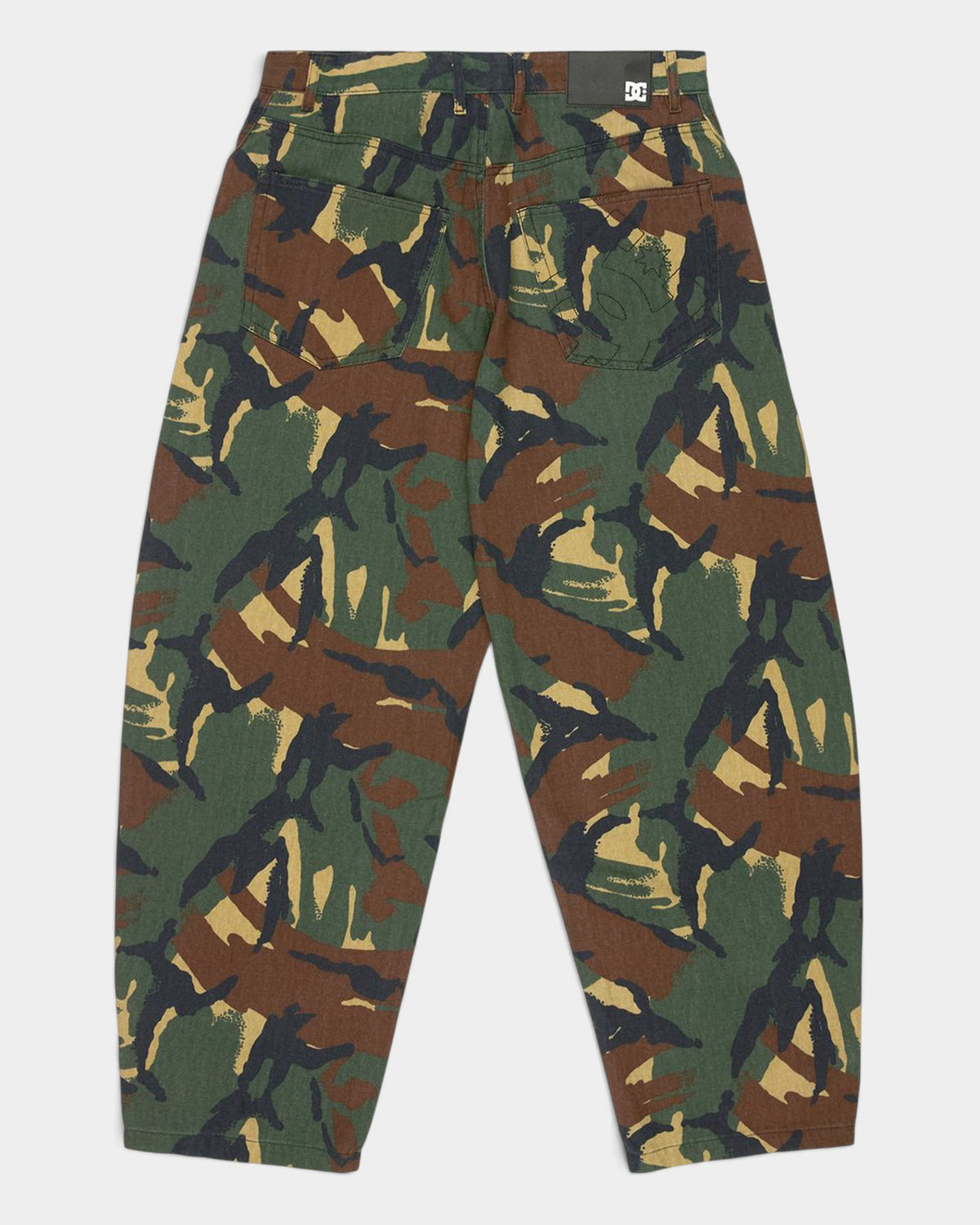 Lockwood Avenue DC Barrel canvas pants in a green, brown, and black camouflage print with back pockets.