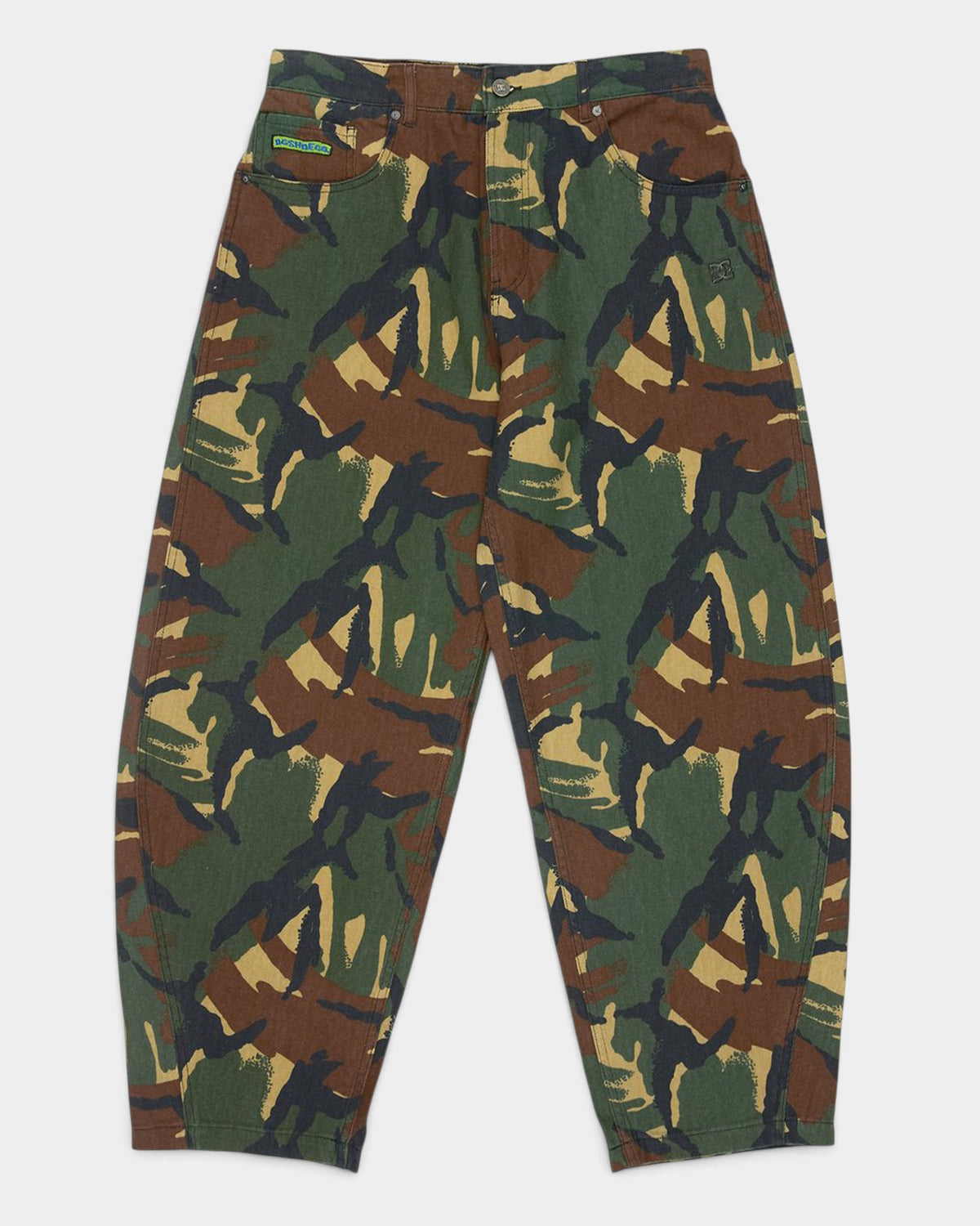 Lockwood Avenue DC Barrel canvas pants in a green, brown, and black camouflage print with a relaxed barrel fit.