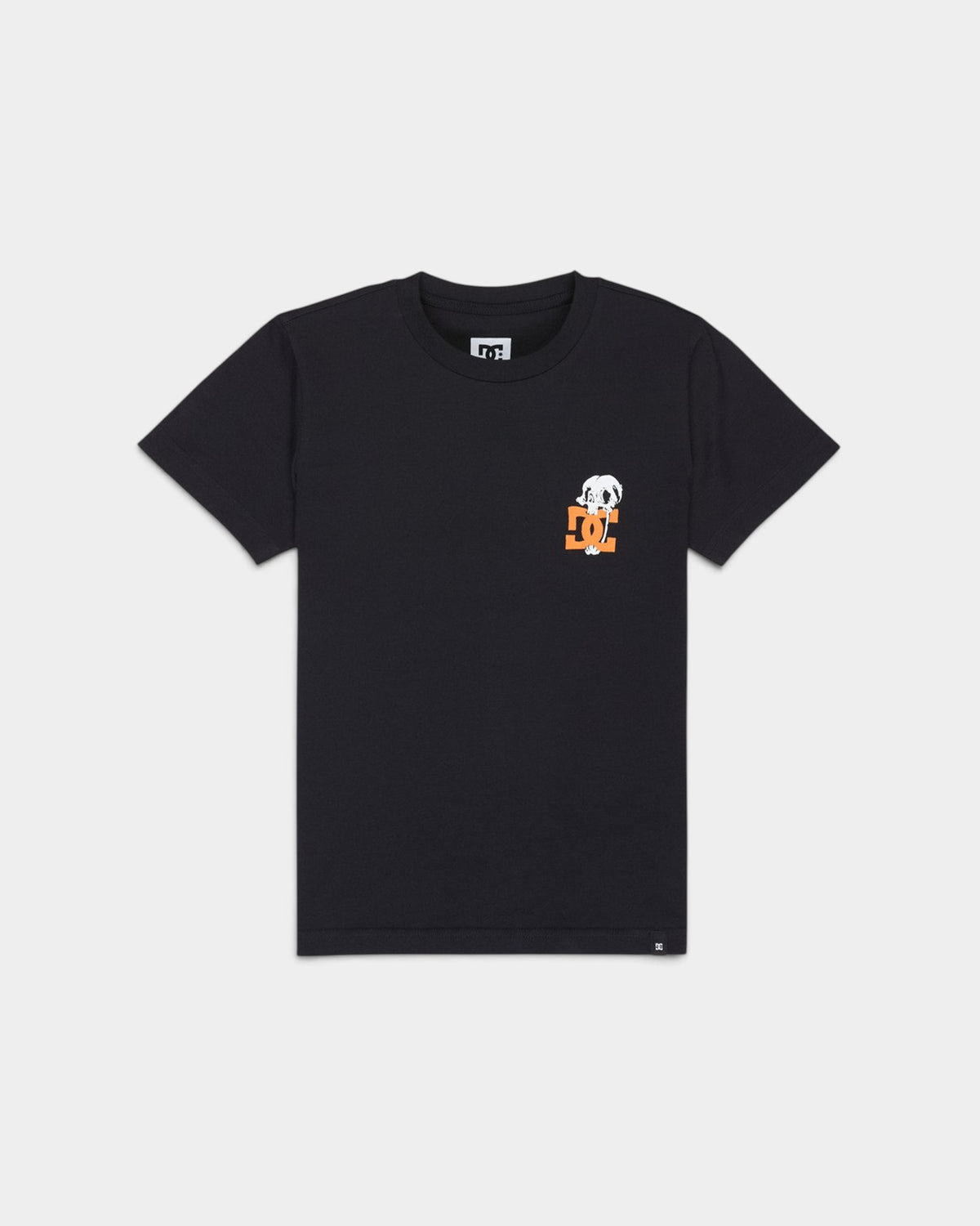 Lockwood Avenue youth black cotton t-shirt featuring a small DC cartoon Jaws graphic on the chest