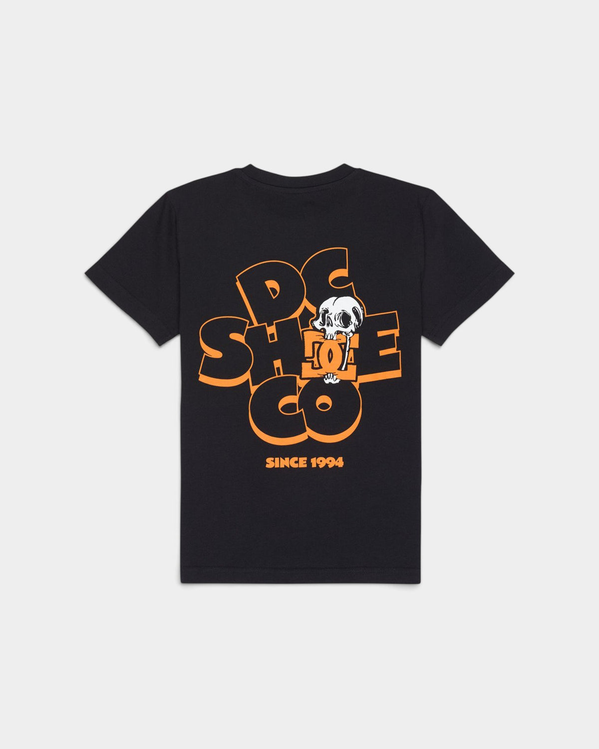 Lockwood Avenue youth black cotton t-shirt featuring a DC Shoe Co graphic with a skull and orange lettering on back