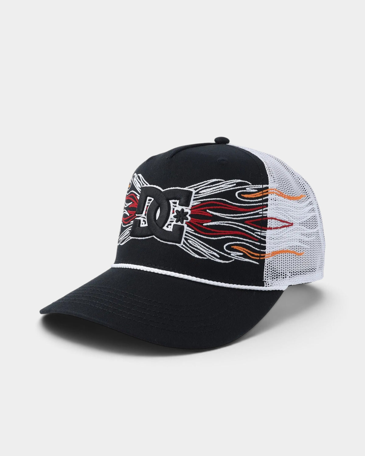 Lockwood Avenue DC Shoes Fuego trucker cap in black with white mesh, flame embroidery, and white rope brim detail.