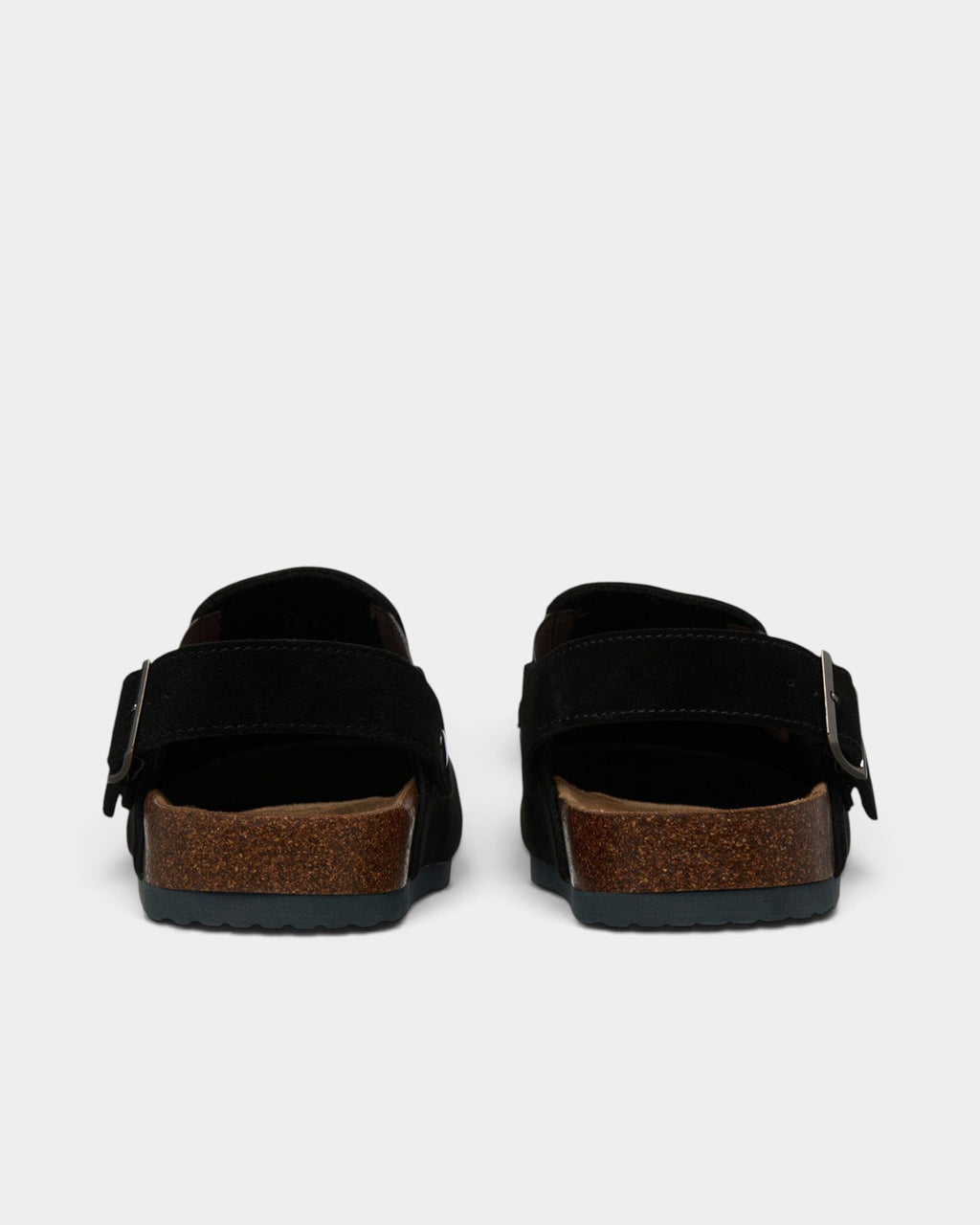 Lockwood Avenue DC Liege black suede slide sandals with cork midsole and adjustable buckle strap, rear view