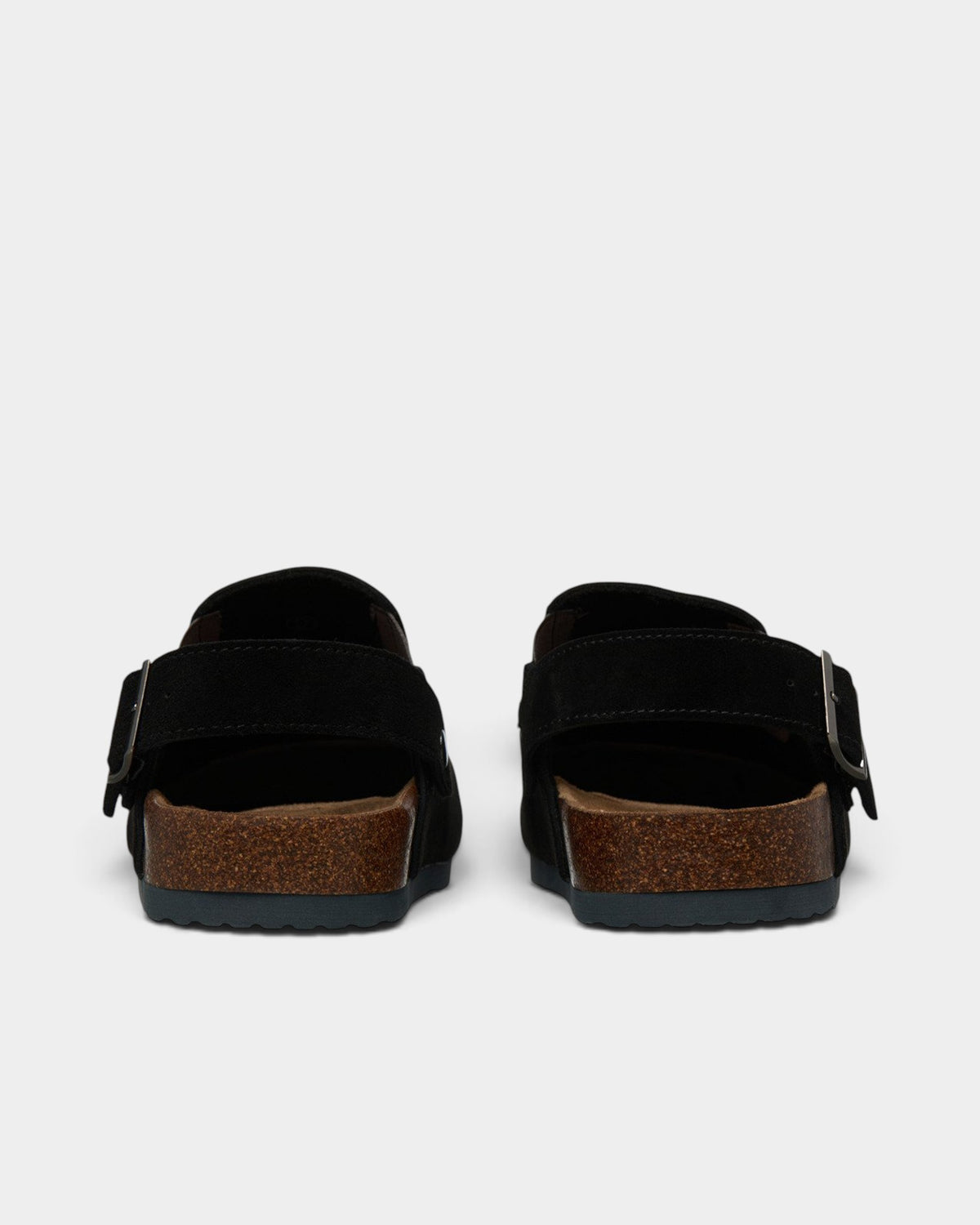Lockwood Avenue DC Liege black suede slide sandals with cork midsole and adjustable buckle strap, rear view