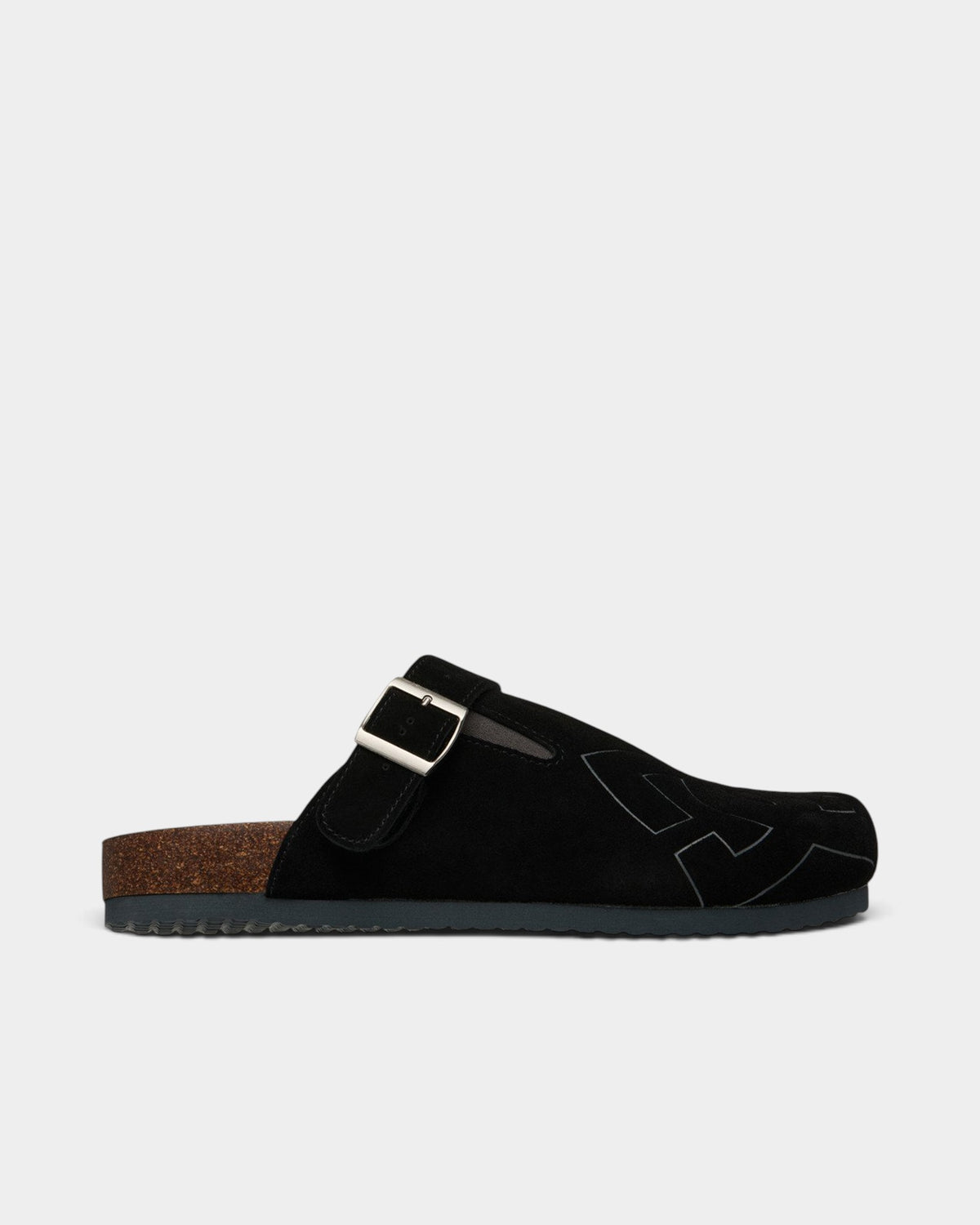 Lockwood Avenue DC Liege black suede slide with a cork midsole, adjustable buckle strap, and rubber outsole.
