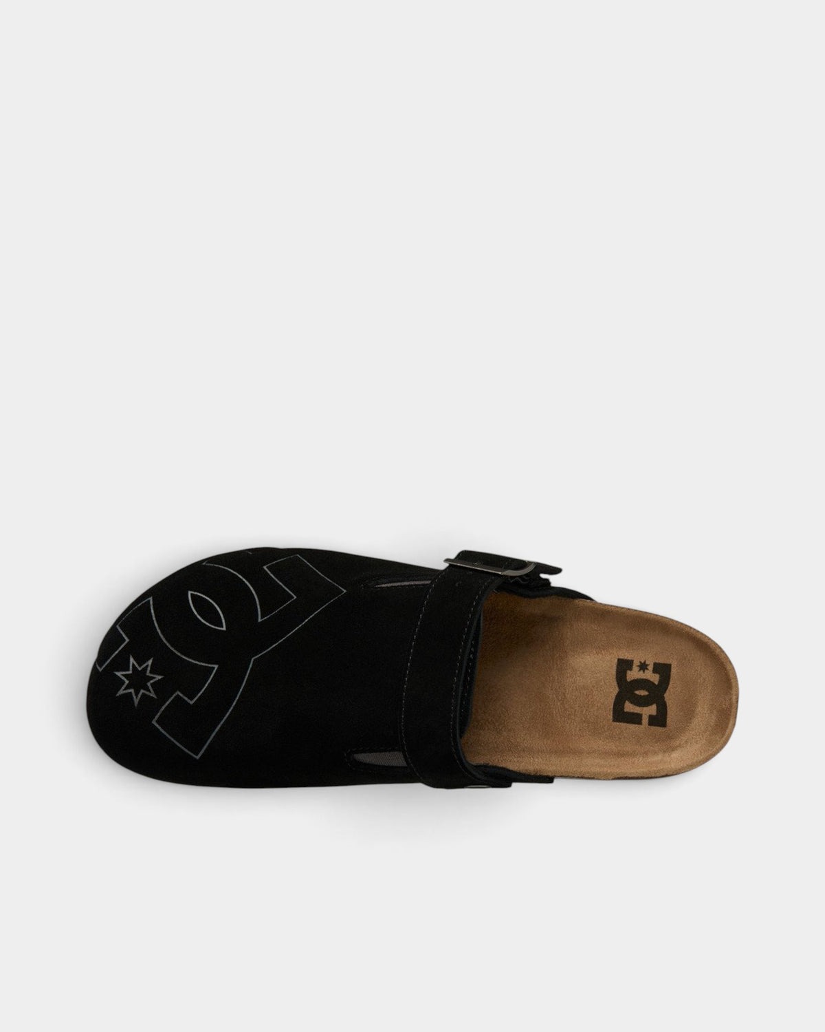 Lockwood Avenue DC Liege black suede slide with a cork footbed and adjustable buckle strap, top view.