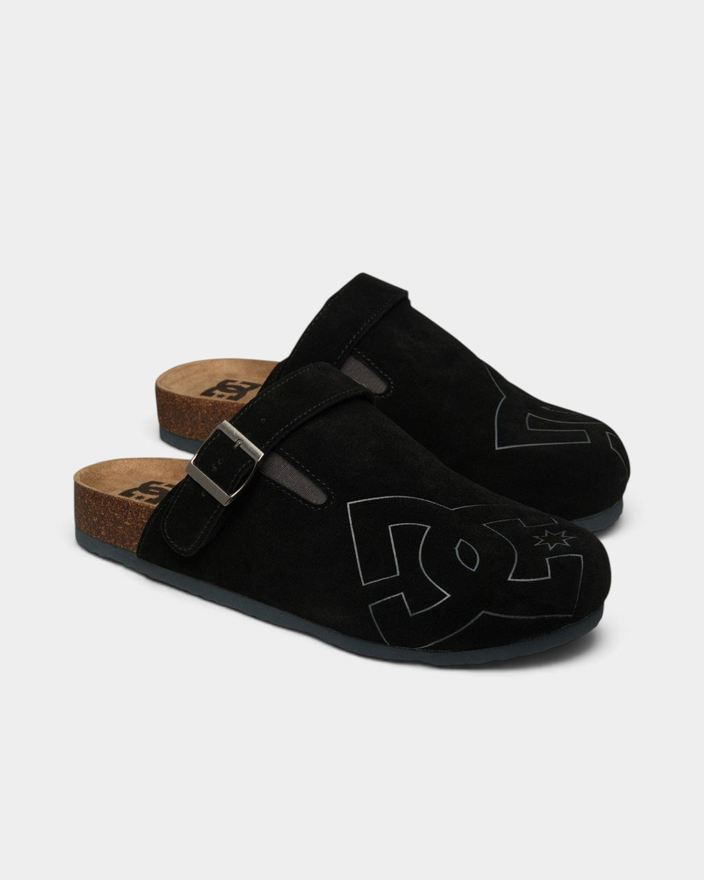 Lockwood Avenue DC Liege black suede slide-on shoes with a cork midsole and adjustable buckle strap