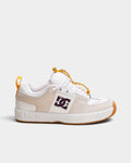 Lockwood Avenue DC Lynx OG skate shoes in white leather and suede with purple logo accents and yellow pull tabs.