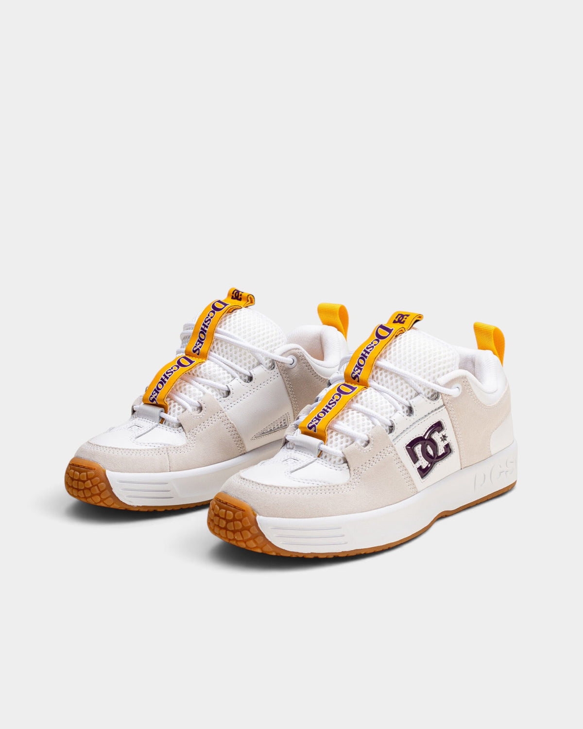 Lockwood Avenue DC Lynx OG skate shoes in white leather and suede with purple accents and yellow pull tabs