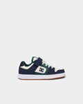 Lockwood Avenue DC Manteca 4 kids skate shoes in navy, white, and green with velcro strap and rubber cupsole