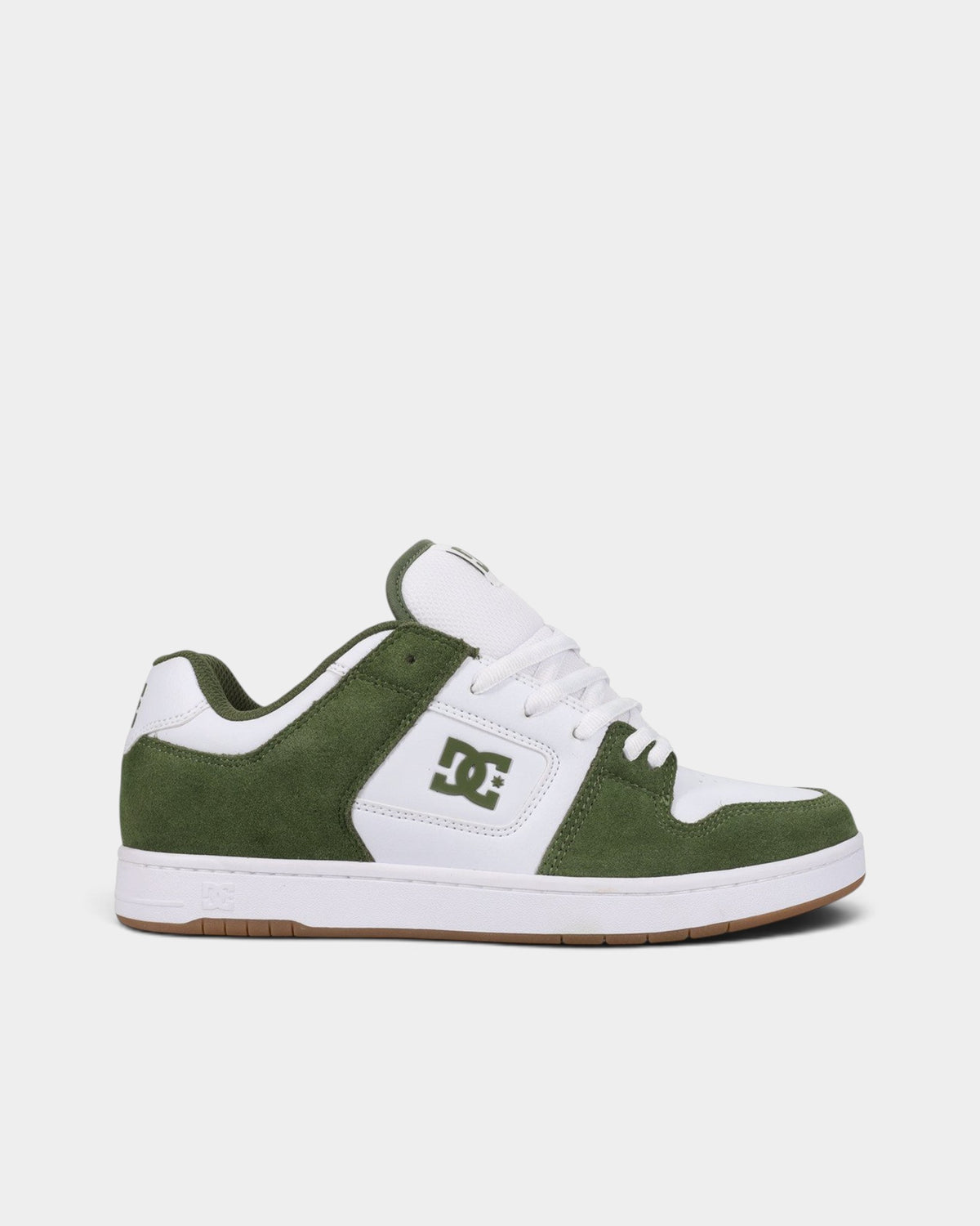 Lockwood Avenue DC Manteca skate shoes in olive suede and white leather with a durable cupsole and gum rubber outsole.