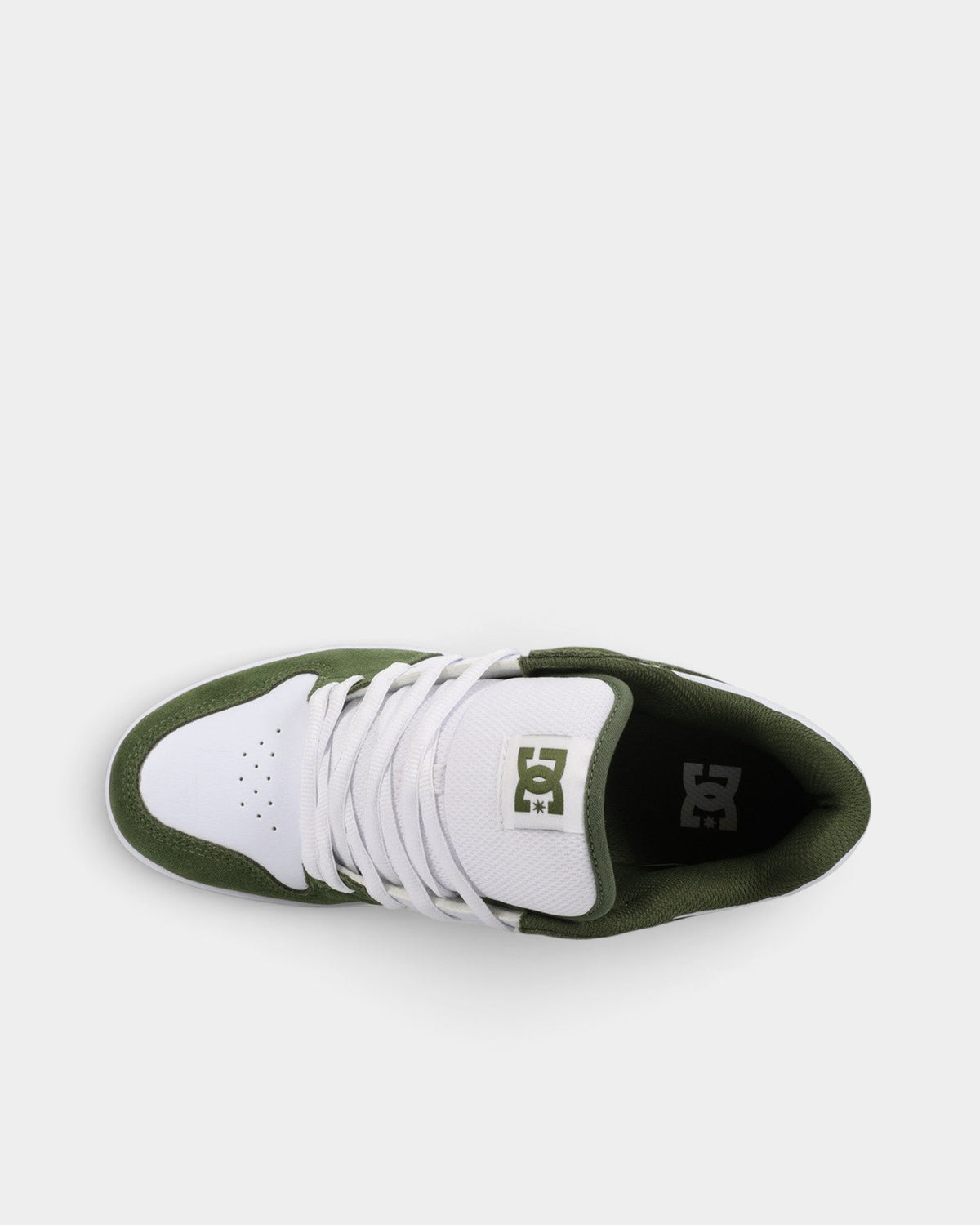 Lockwood Avenue DC Manteca olive suede and white leather skate shoes with padded tongue and cupsole construction