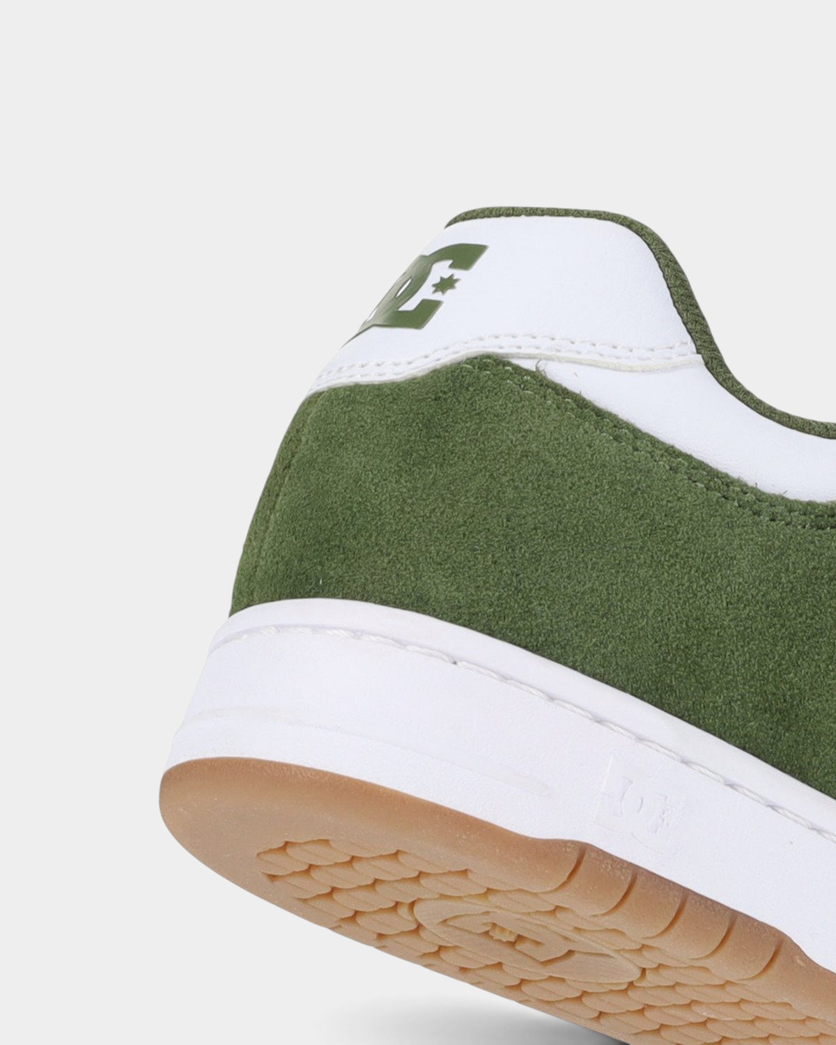Lockwood Avenue DC Manteca skate shoe heel detail in olive suede and white leather with a gum rubber cupsole