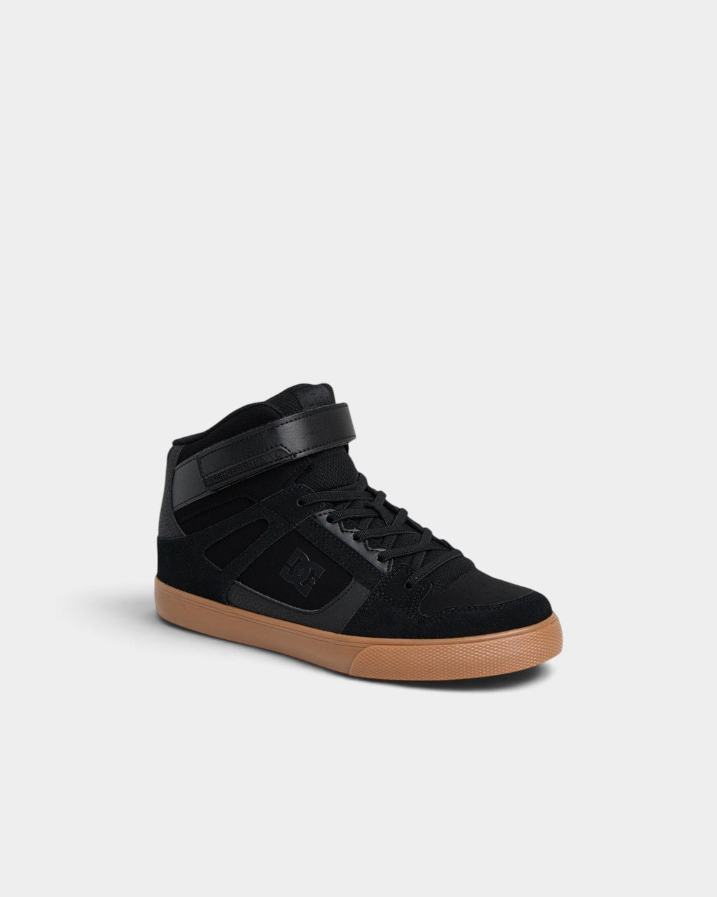 Lockwood Avenue DC Pure high-top skate shoes in black leather with a gum rubber cupsole and ankle strap