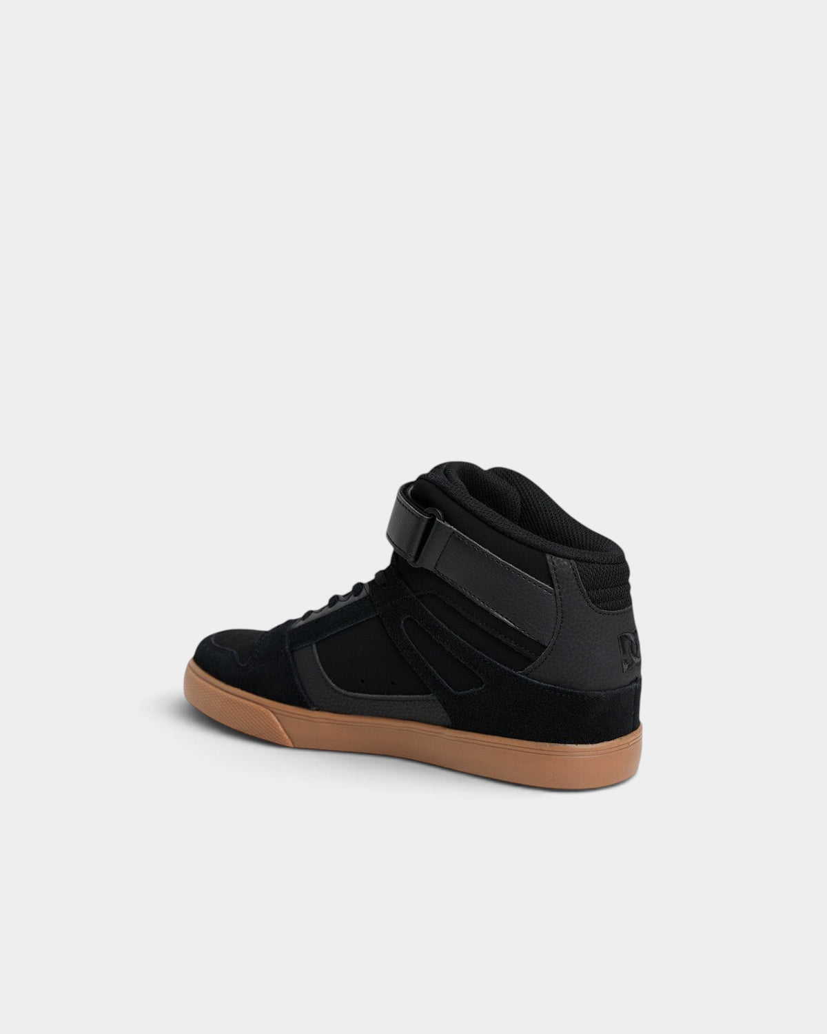 Lockwood Avenue DC Pure high-top skate shoes in black leather with a gum rubber cupsole and ankle strap