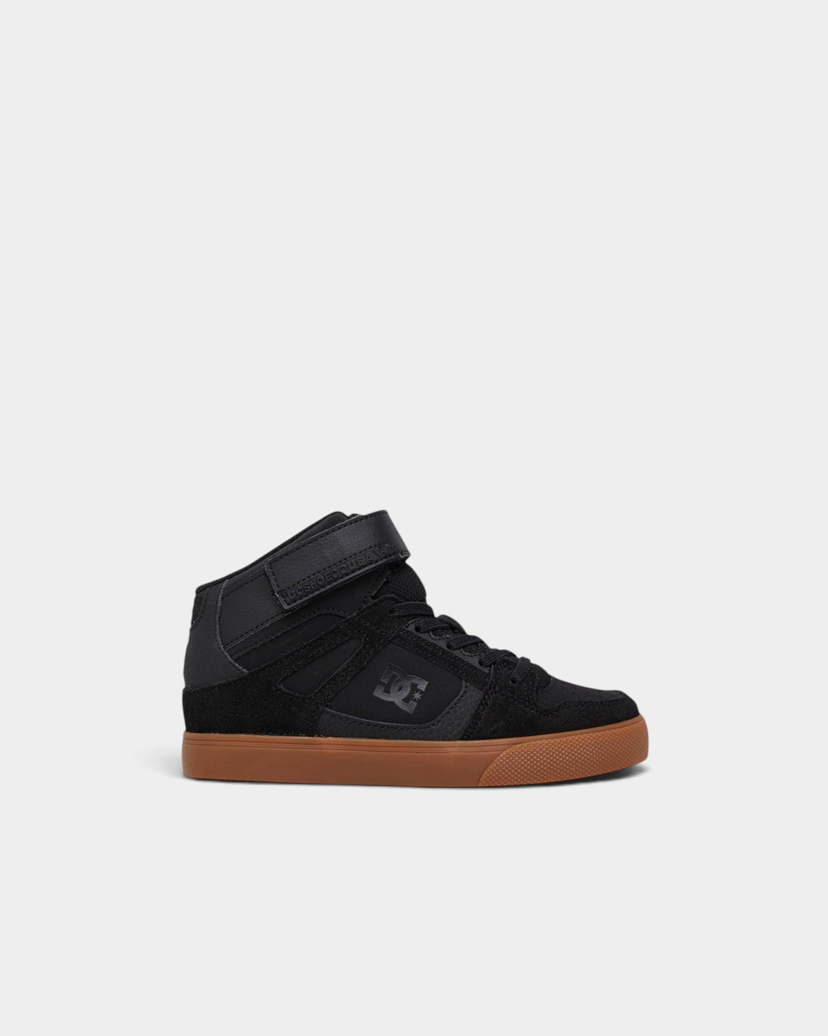 Lockwood Avenue DC Pure high-top skate shoes in black leather with a gum rubber cupsole and padded collar.
