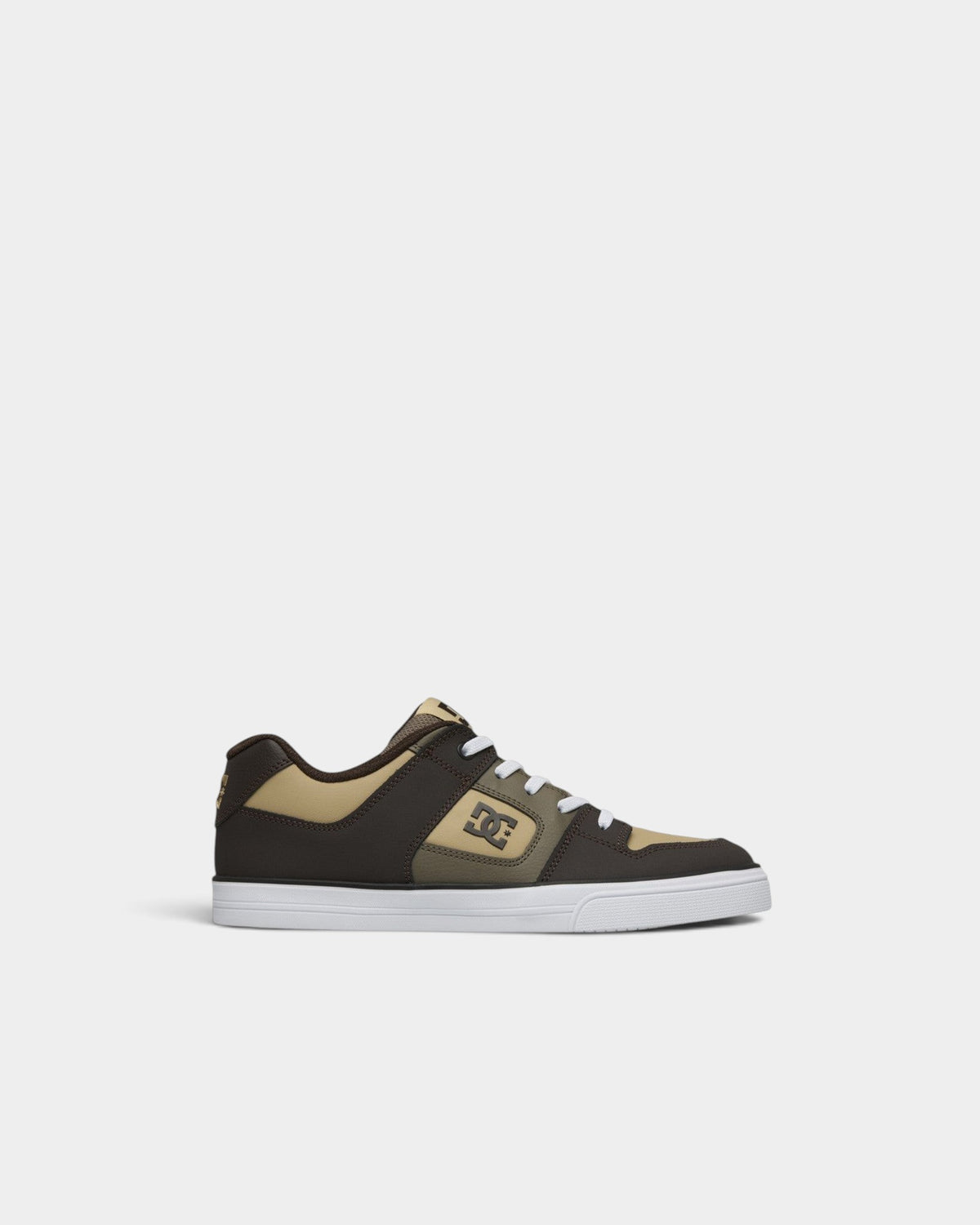 Lockwood Avenue DC Pure elastic kids' skate shoes in brown and tan leather with white laces and rubber sole