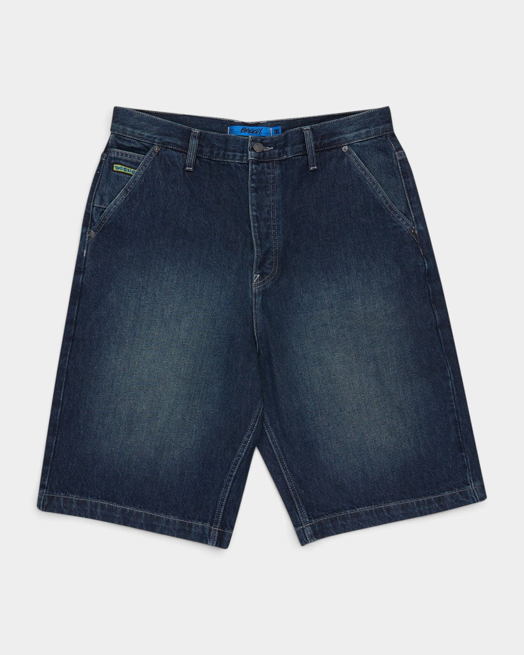 Lockwood Avenue DC Shoes baggy dark denim jorts with an 11-inch inseam made from sustainable recycled cotton blend.
