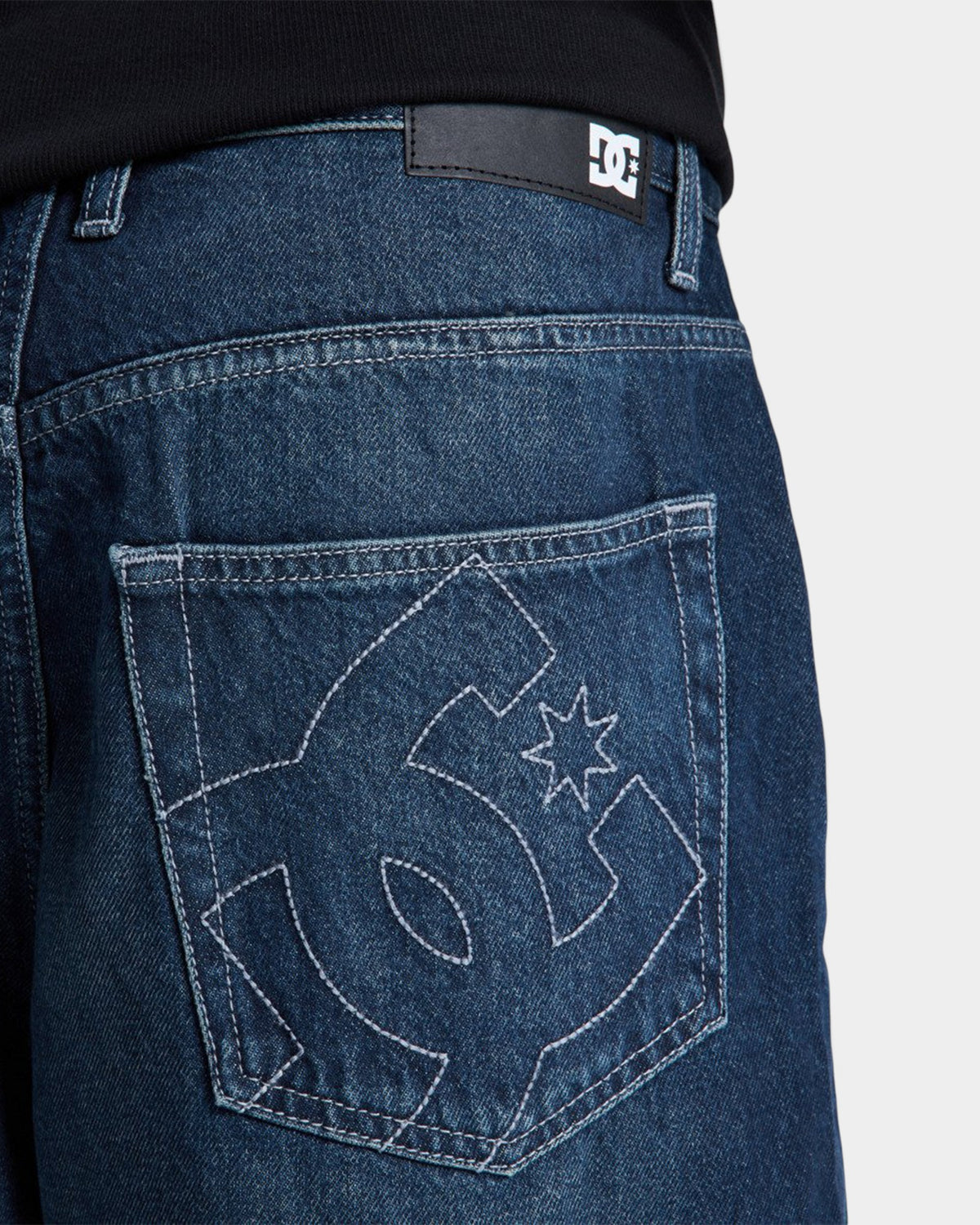 Lockwood Avenue DC Shoes dark denim baggy shorts featuring a large embroidered logo on the back pocket