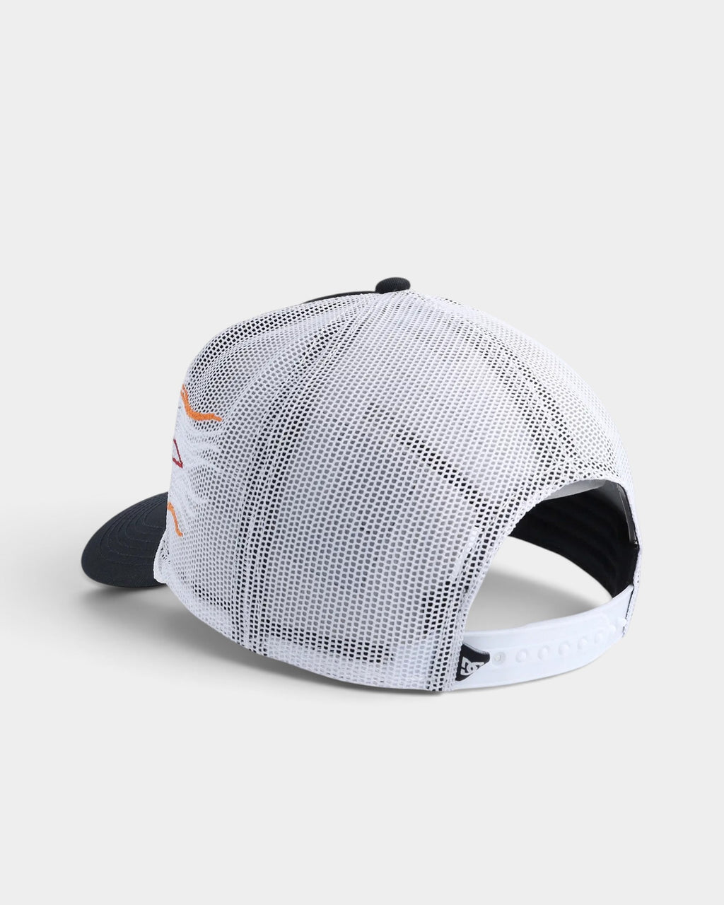 Lockwood Avenue DC Shoes Fuego trucker cap with white mesh back, black cotton front, and flame detail rear view