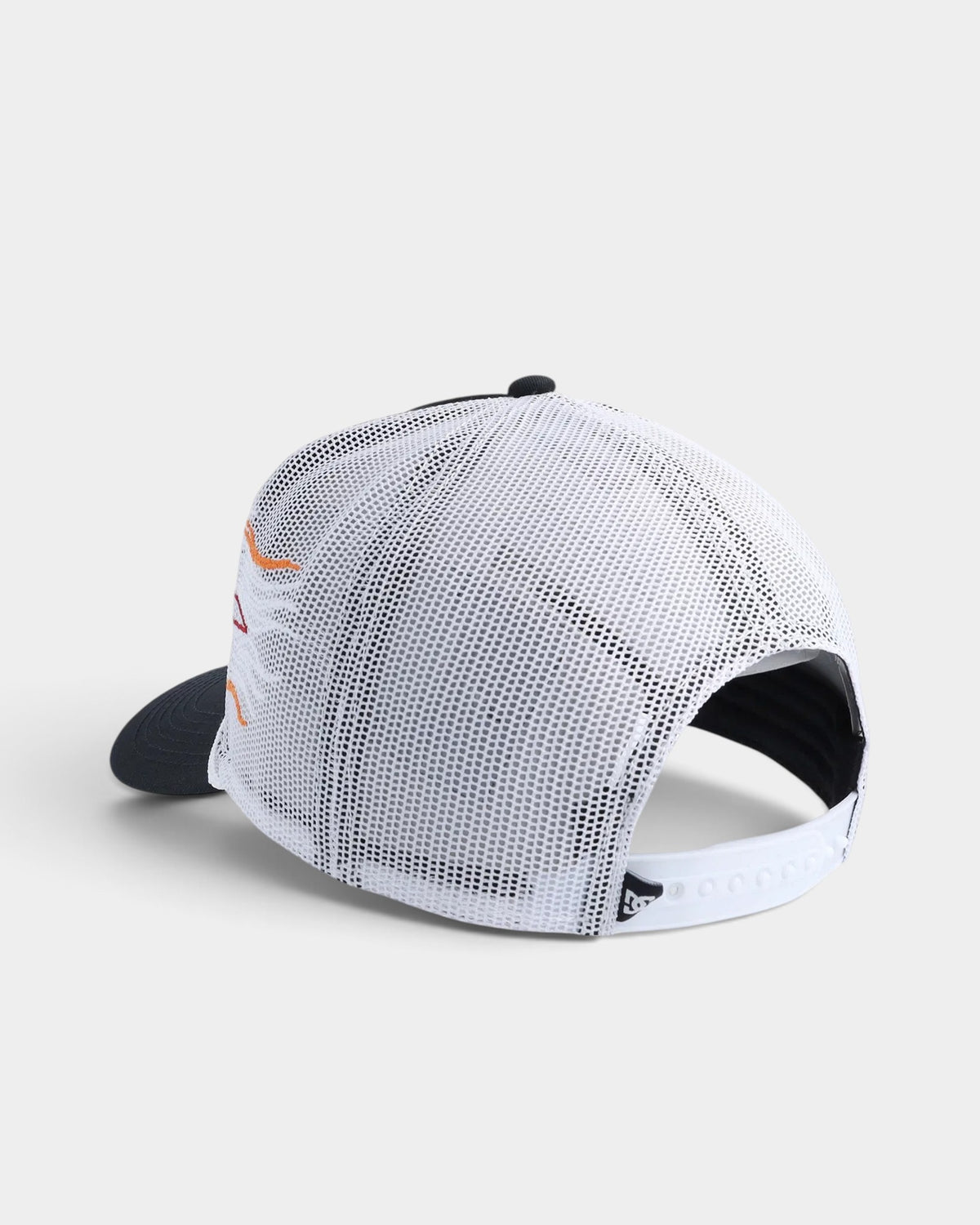 Lockwood Avenue DC Shoes Fuego trucker cap with white mesh back, black cotton front, and flame detail rear view