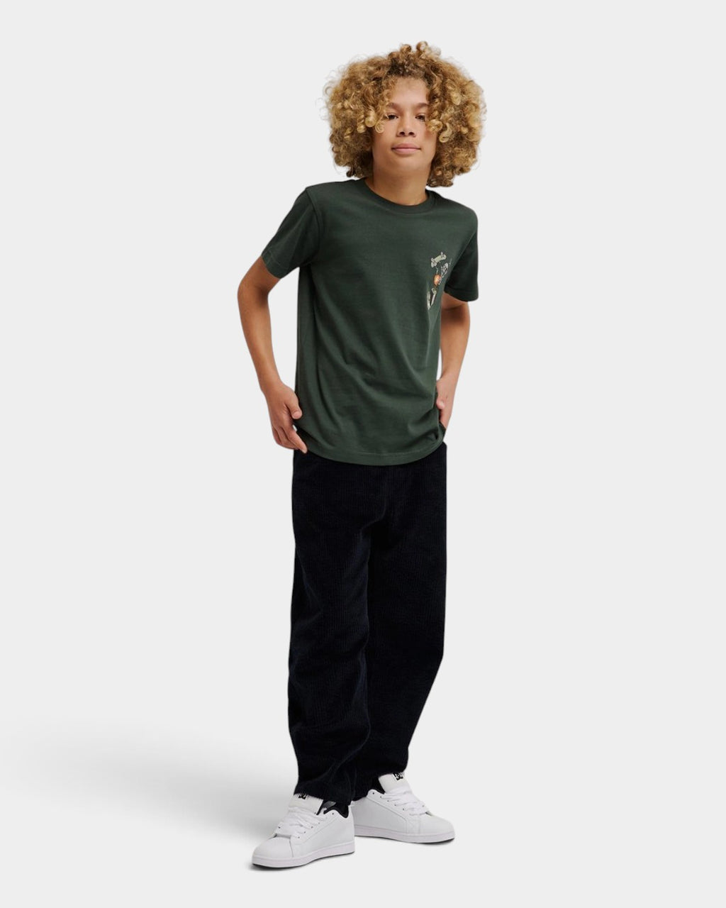 Lockwood Avenue youth wearing a dark green DC Shoes Handplant cotton jersey crew neck t-shirt with graphic print
