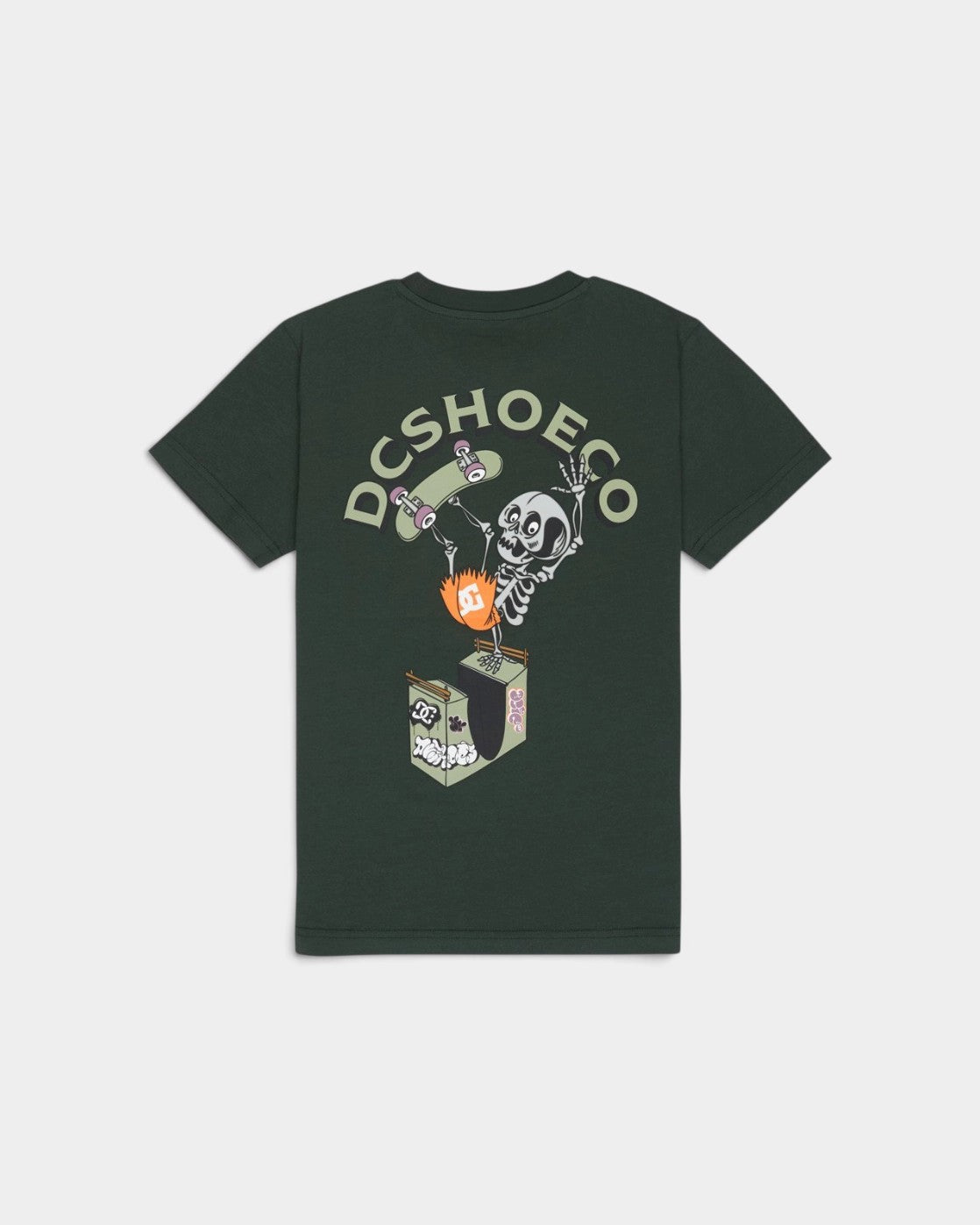 Lockwood Avenue DC Shoes youth crew neck t-shirt in dark green cotton featuring a skeleton handplant graphic print