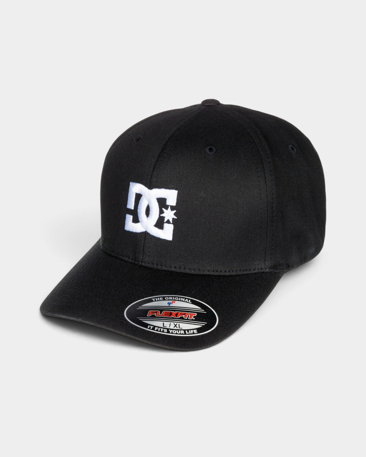 Lockwood Avenue DC Shoes Star Cap in black with white embroidered logo and Flexfit curved brim design
