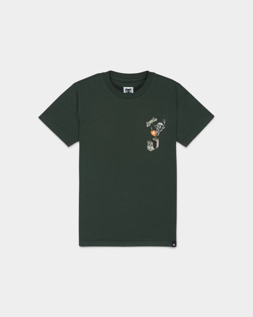 Lockwood Avenue DC Shoes youth crew neck t-shirt in dark green cotton jersey with a skeleton handplant graphic print