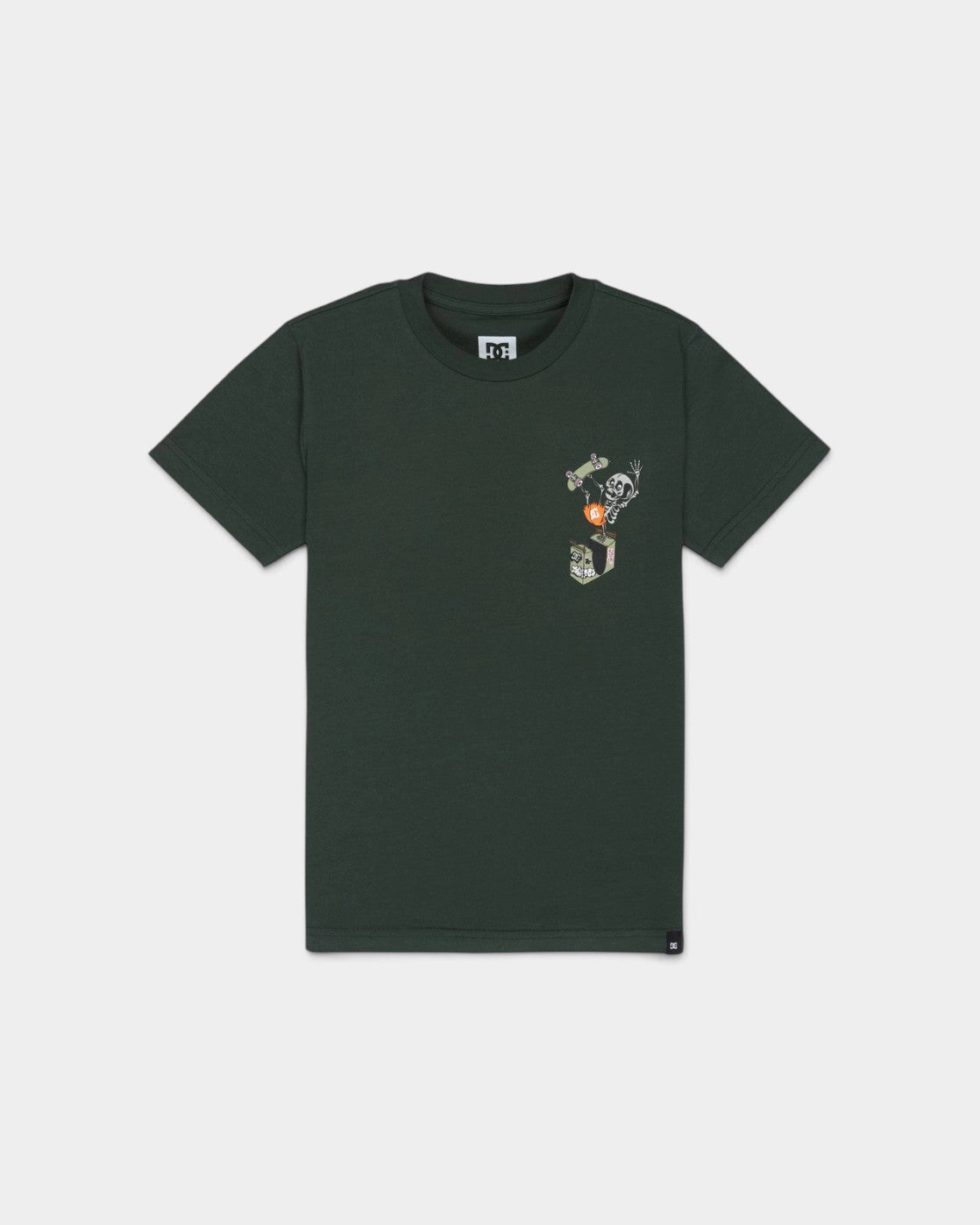 Lockwood Avenue DC Shoes youth crew neck t-shirt in dark green cotton jersey with a skeleton handplant graphic print