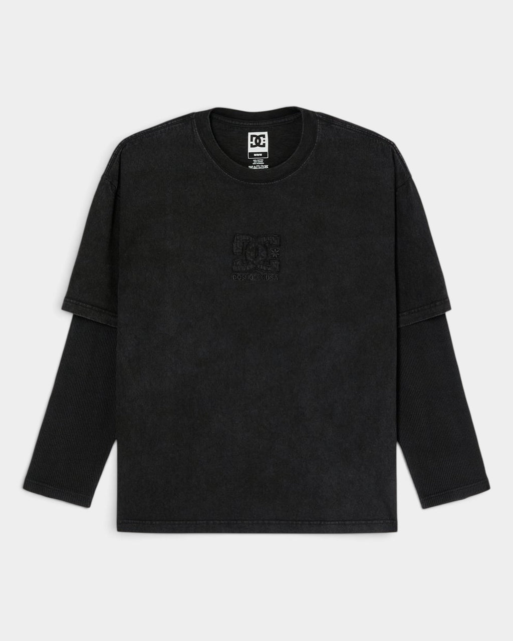 Lockwood Avenue DC Twofer black long-sleeve t-shirt with layered ribbed sleeves and embroidered chest logo