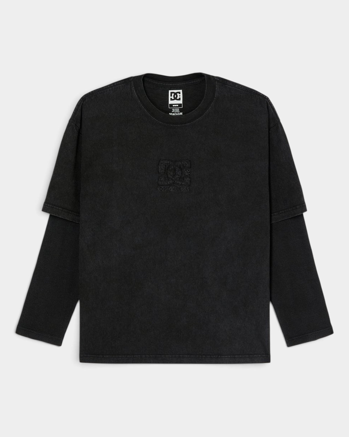 Lockwood Avenue DC Twofer black long-sleeve t-shirt with layered ribbed sleeves and embroidered chest logo
