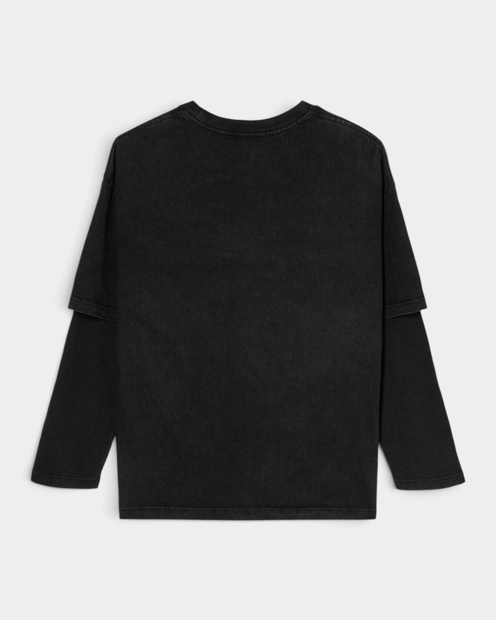 Back view of a black DC Twofer Longsleeve T-Shirt with layered sleeves, available at Lockwood Avenue.