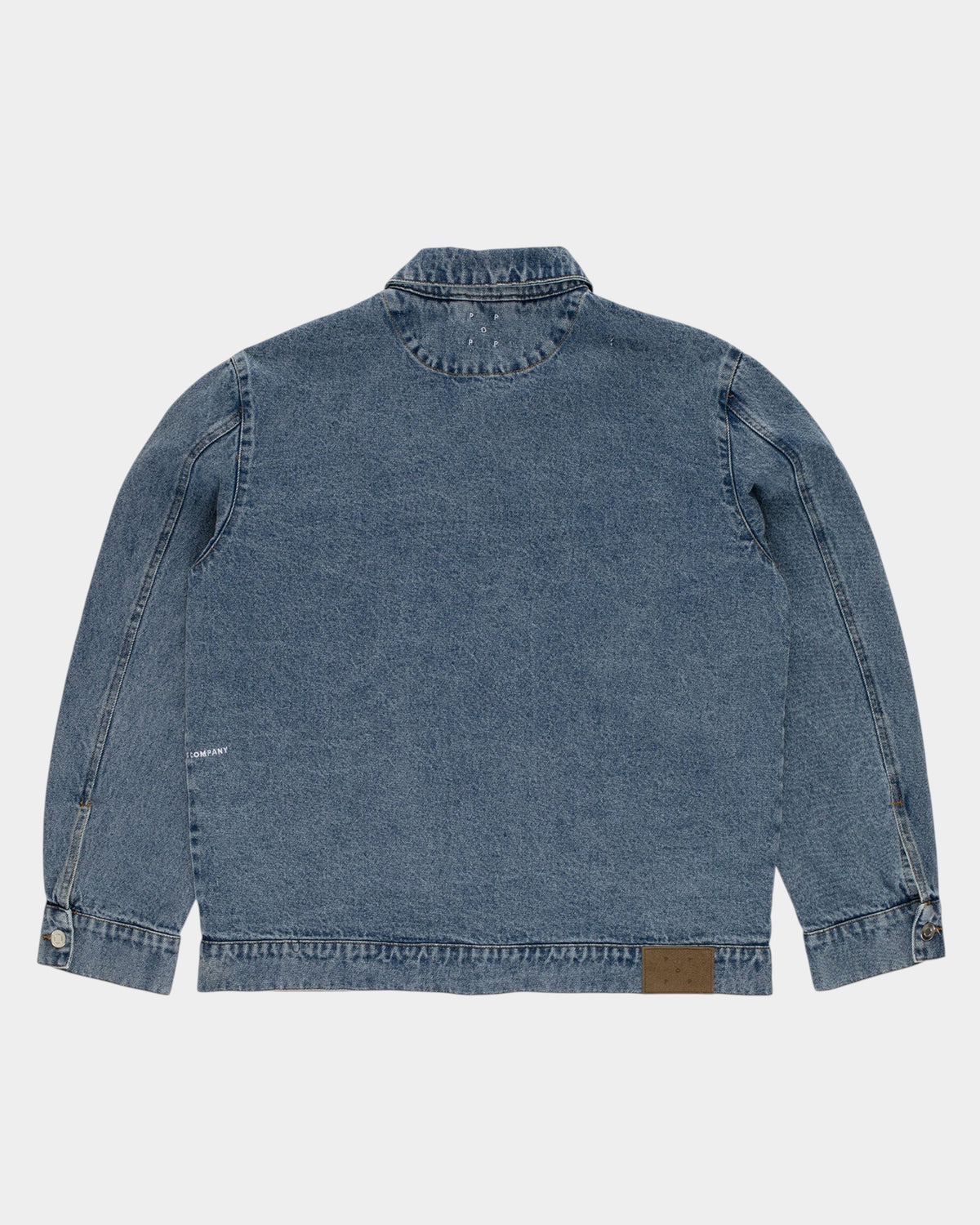 Lockwood Avenue Pop Trading Company blue denim jacket, back view with embroidered logo and leather hem patch.